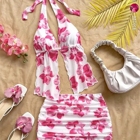 Women's Boho Chic 2-Piece Set, Floral Print Halter Backless Top & Fitted Mini Skirt, Perfect for Beach Vacations, Elegant Coordinate Outfit, Boho Outfit Sets