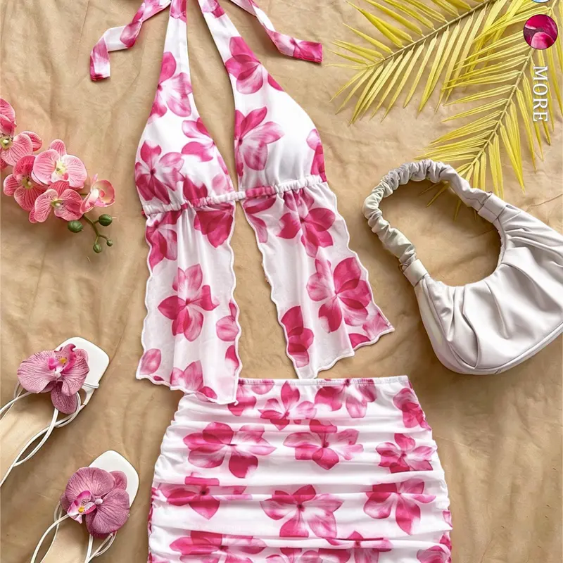 Women's Boho Chic 2-Piece Set, Floral Print Halter Backless Top & Fitted Mini Skirt, Perfect for Beach Vacations, Elegant Coordinate Outfit, Boho Outfit Sets