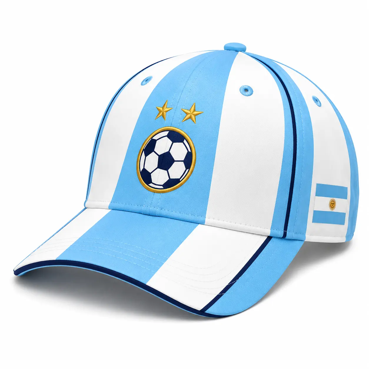 Argentina-Inspired Soccer Baseball Cap for Men Women, Sky Blue White Curved Brim Hat with Soccer Ball, Flag Side Graphic & Star Accent Printed Design, Lightweight Polyester Fabric, Unisex Casual Sports Fan Travel Outfit Accessory