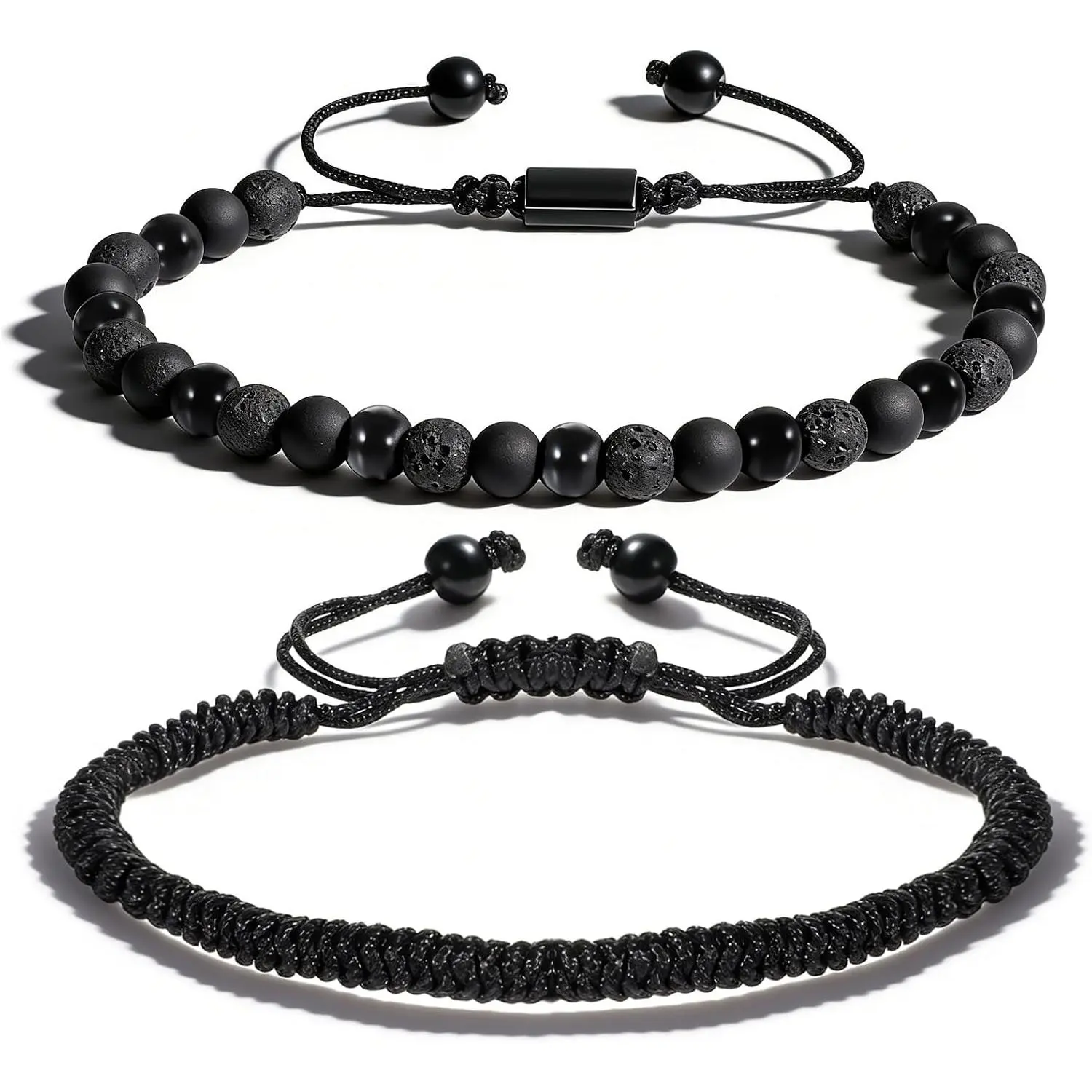 Mens Beaded Bracelets, 8mm  Stone Black Onyx Obsidian Lava Rock Beads -  Adjustable Black  Bracelet for Men