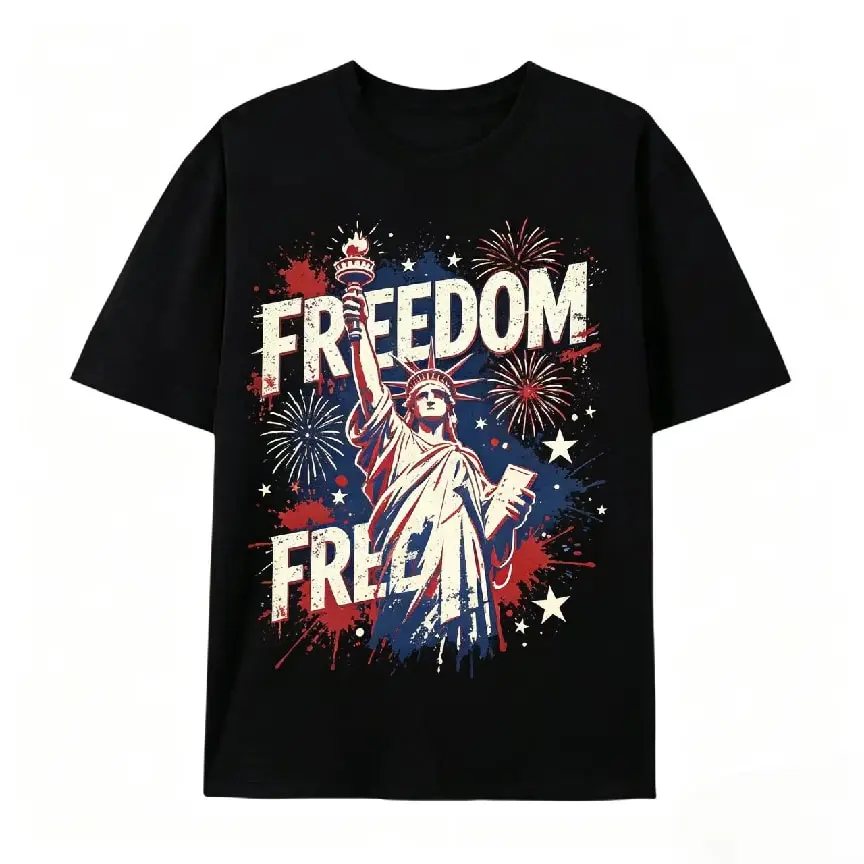 Freedom Statue Of Liberty Fireworks Star Patriotic Splash Graphic Oversized T-Shirt, Comfort 100% Cotton Fashion Outfit, Vintage USA Cute Top, Best 4th Of July Independence Day Gift For Him Her Lover Family Friends Patriotic Valentines Present