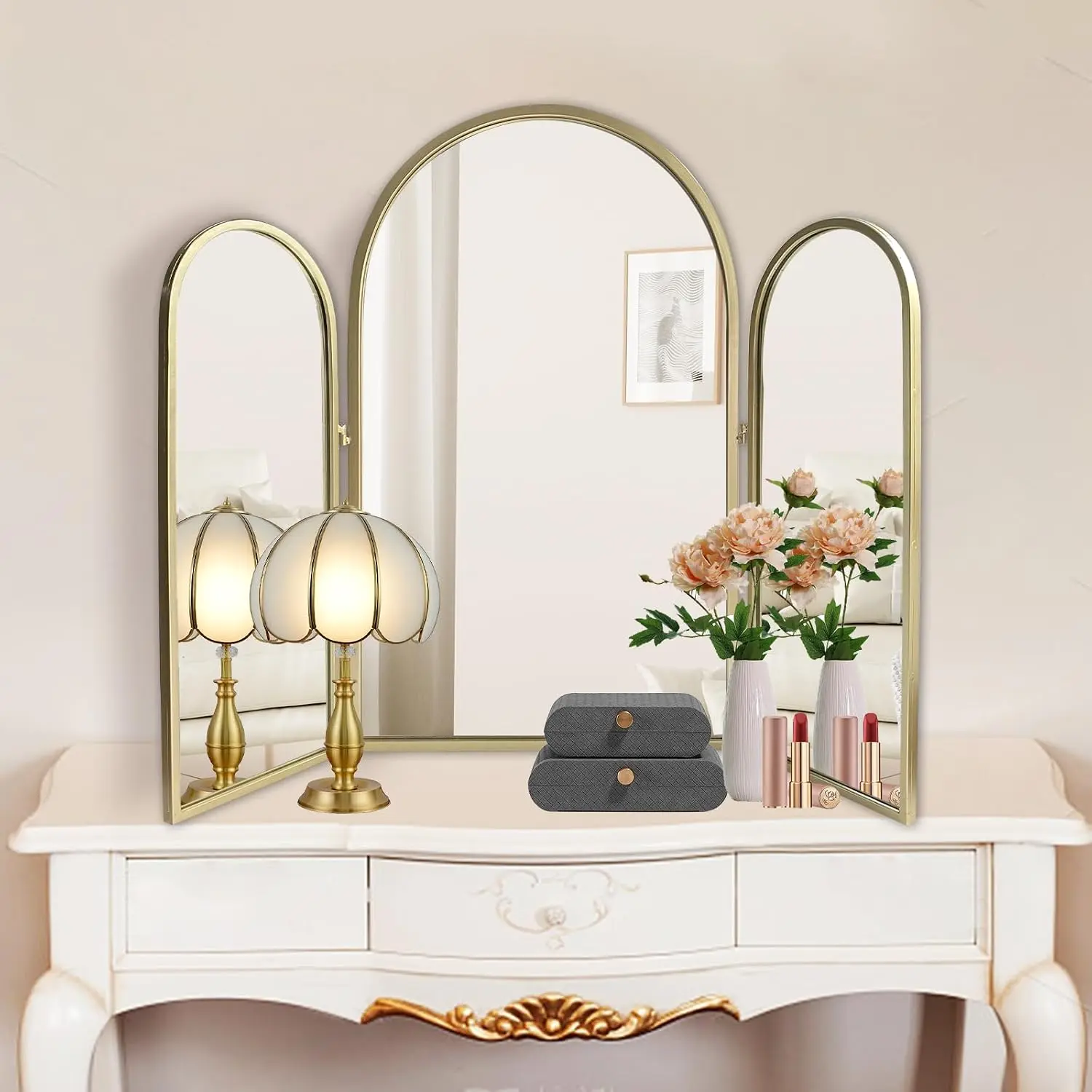 Trifold  Mirrors 3 Way, 30 x 37in Adjustable  Mirrors for Bathroom, Bedroom, Champaign Golden Arch Mirrors Wall Mounted Decoration, Braiding Hair, Makeup 360? Way