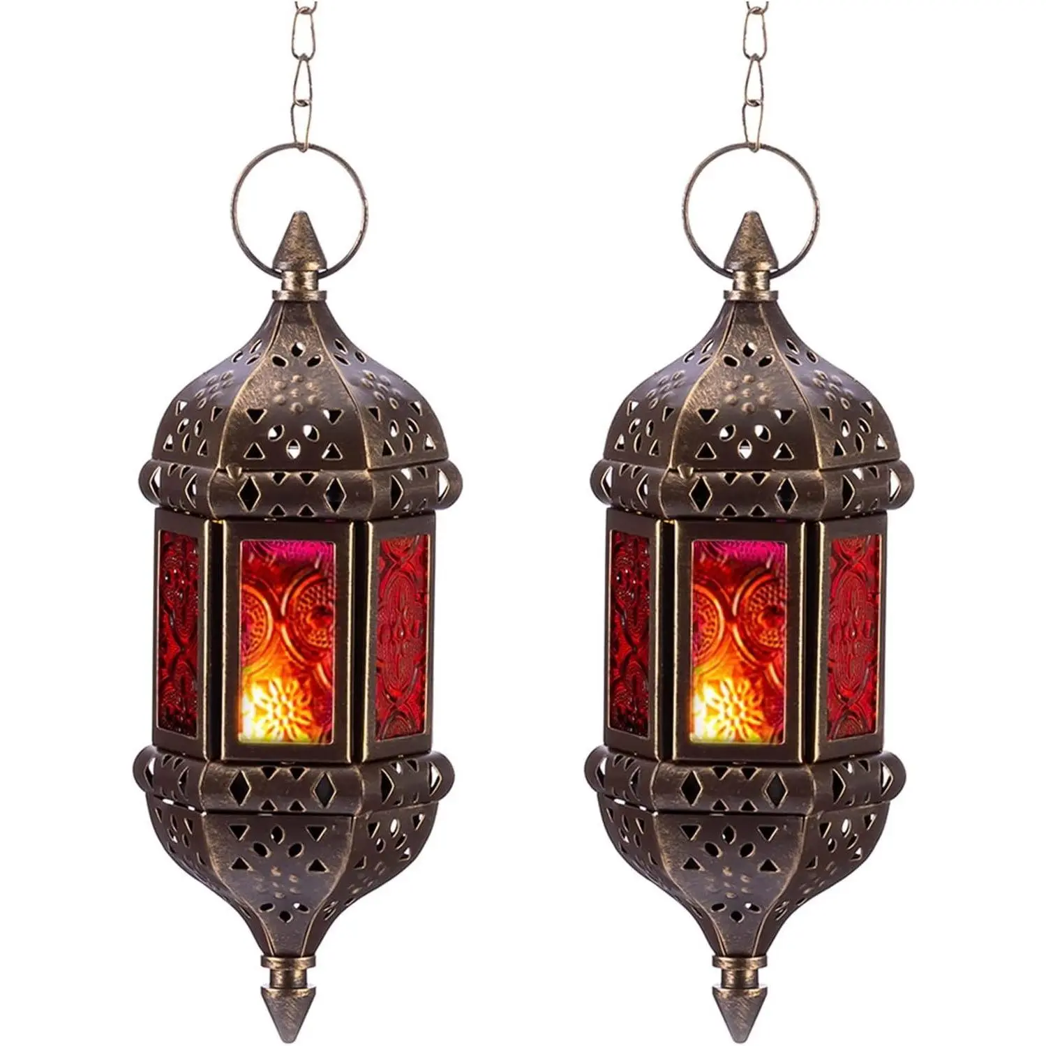 2 Pcs Handmade Hanging Hexagon Moroccan Candle Lantern Holders, Bronze Metal & Red Purple Glass Tea Light Lamps, Decorative Ramadan Lanterns for Living Room Balcony Patio Halloween Christmas DecorationsGift