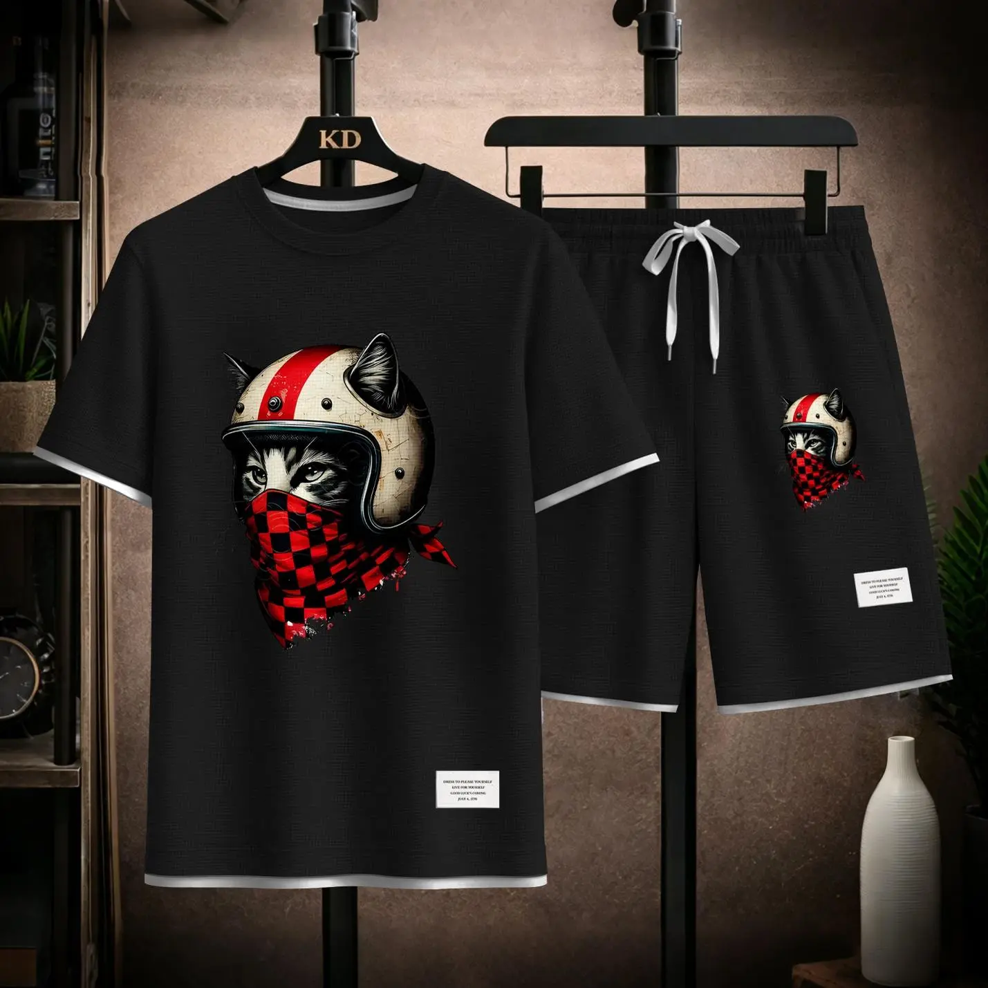 Women's Vintage Cat-in-Helmet Graphic 2-Piece Outfit - Soft Crew Neck Short-Sleeve Athletic T-Shirt, Drawstring Shorts, Minimalist Casual Loose Lightweight Breathable Streetwear for Outdoor Daily Wear