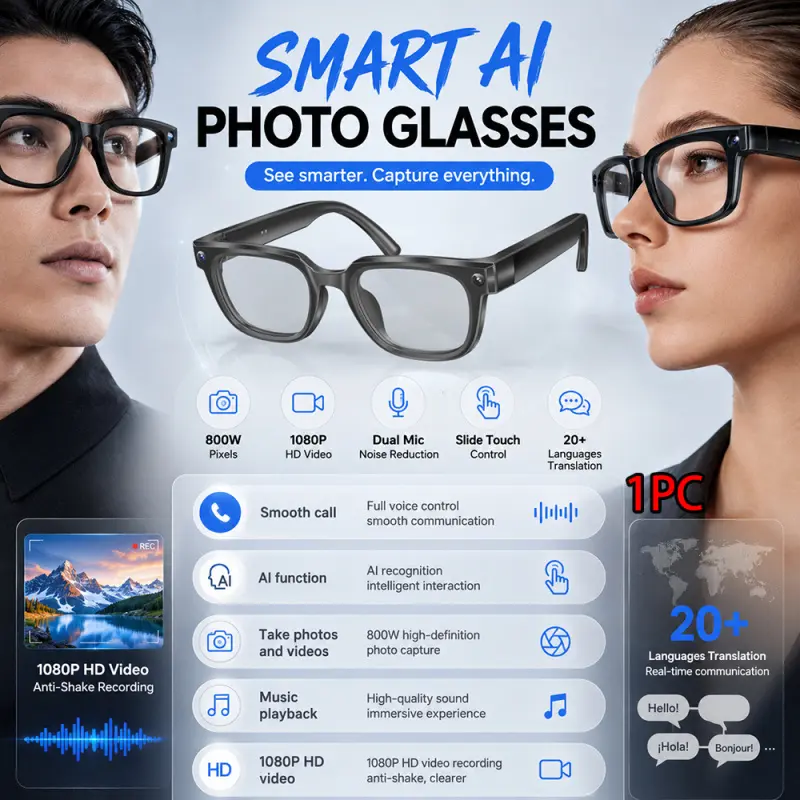 Real-time video multilingual translation, 3D immersive sound effect, photos and videos can be set to 16:9 or 4:3 first-person perspective AI intelligent camera glasses, 800W pixel high-definition camera, 1200P video recording