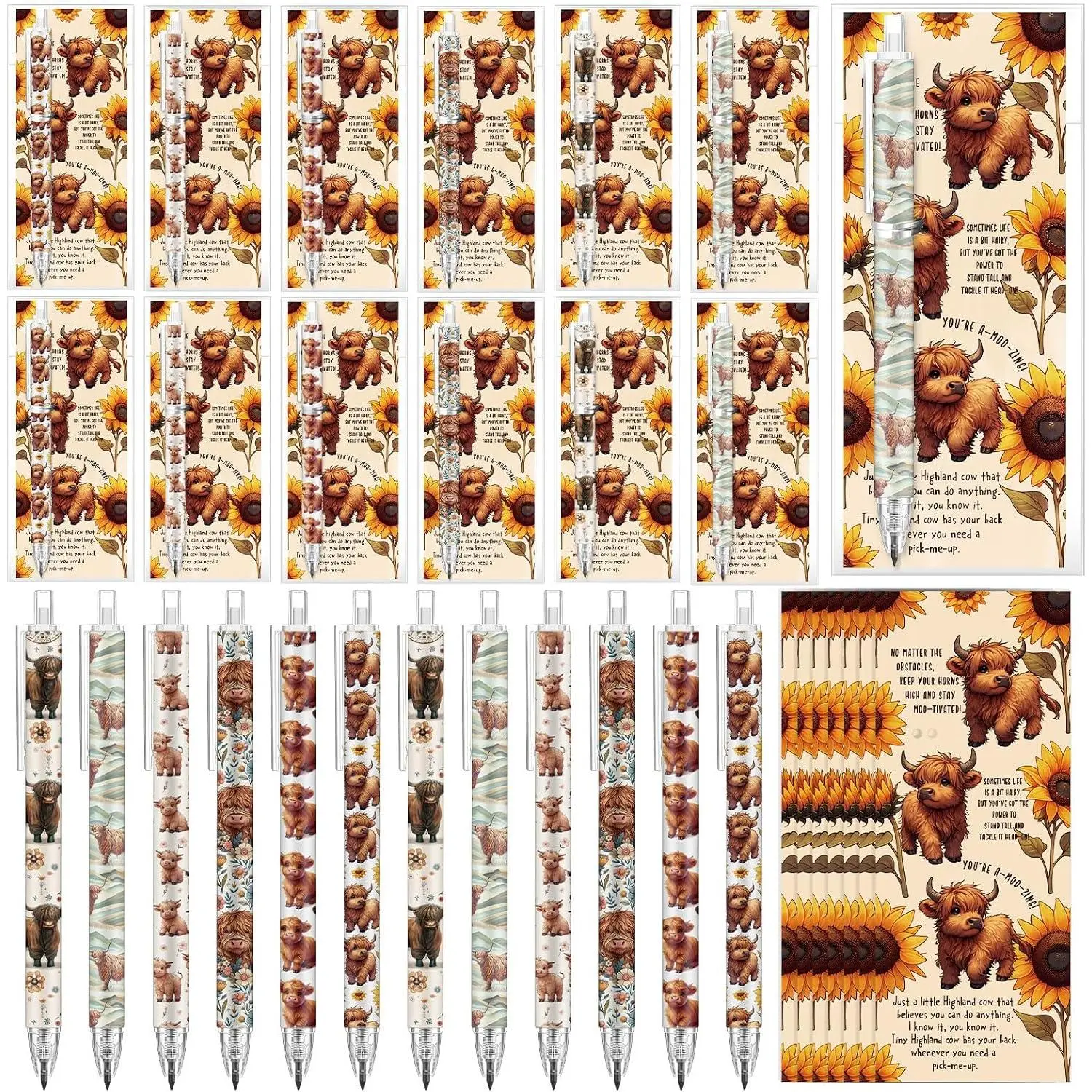 24 Set Highland Cow Gifts Bulk Party Favors Inspirational Retractable Pencil 0.7mm Funny Mechanical Pencil with Positive Cards for Teacher Team Coworker Employee Office Supplies