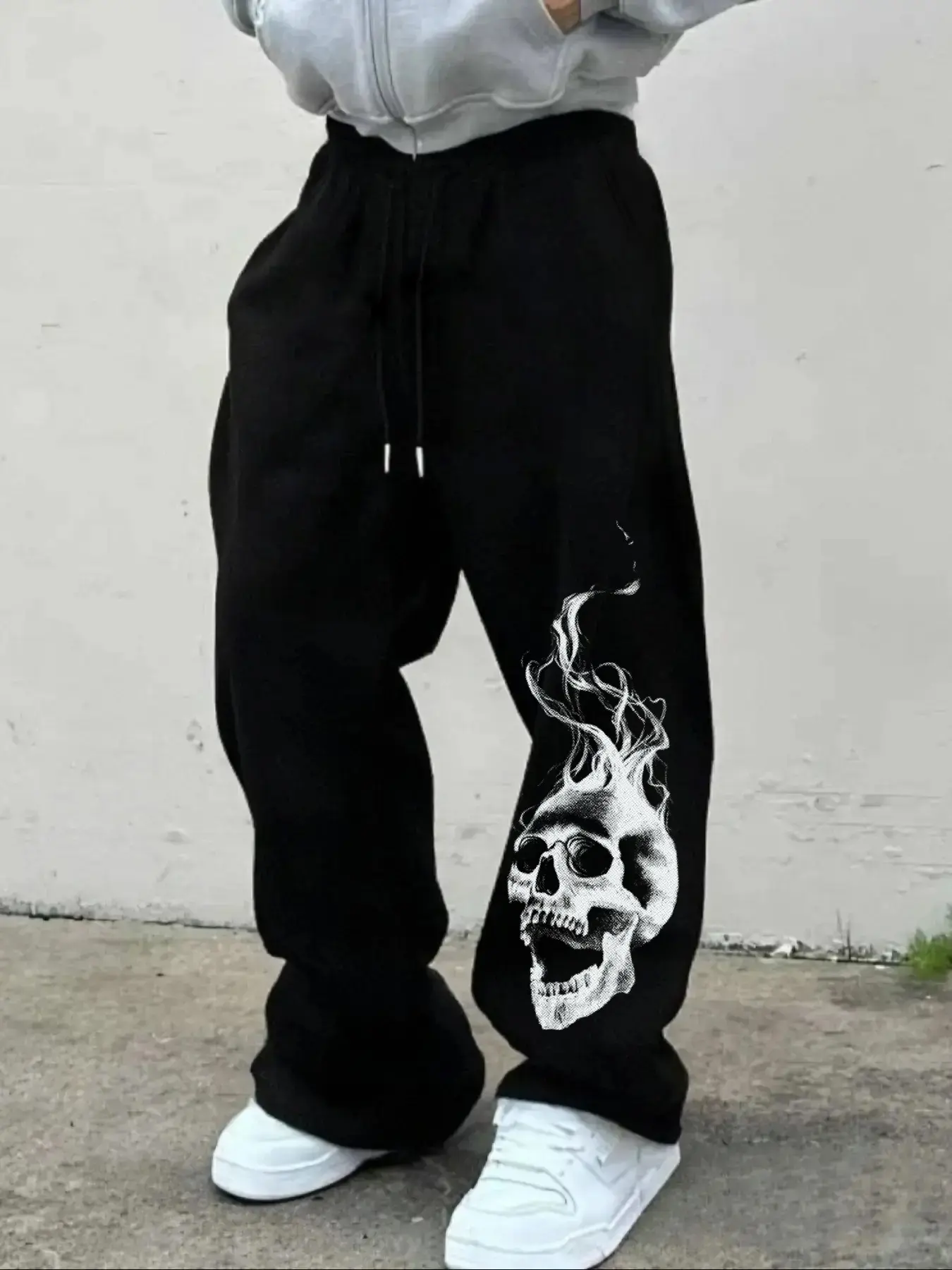 Men's Casual Loose-Fit Sweatpants, Graphic Skull Print Drawstring Waistband, All-Season Comfortable Pants for Daily Wear & Outdoor Activities