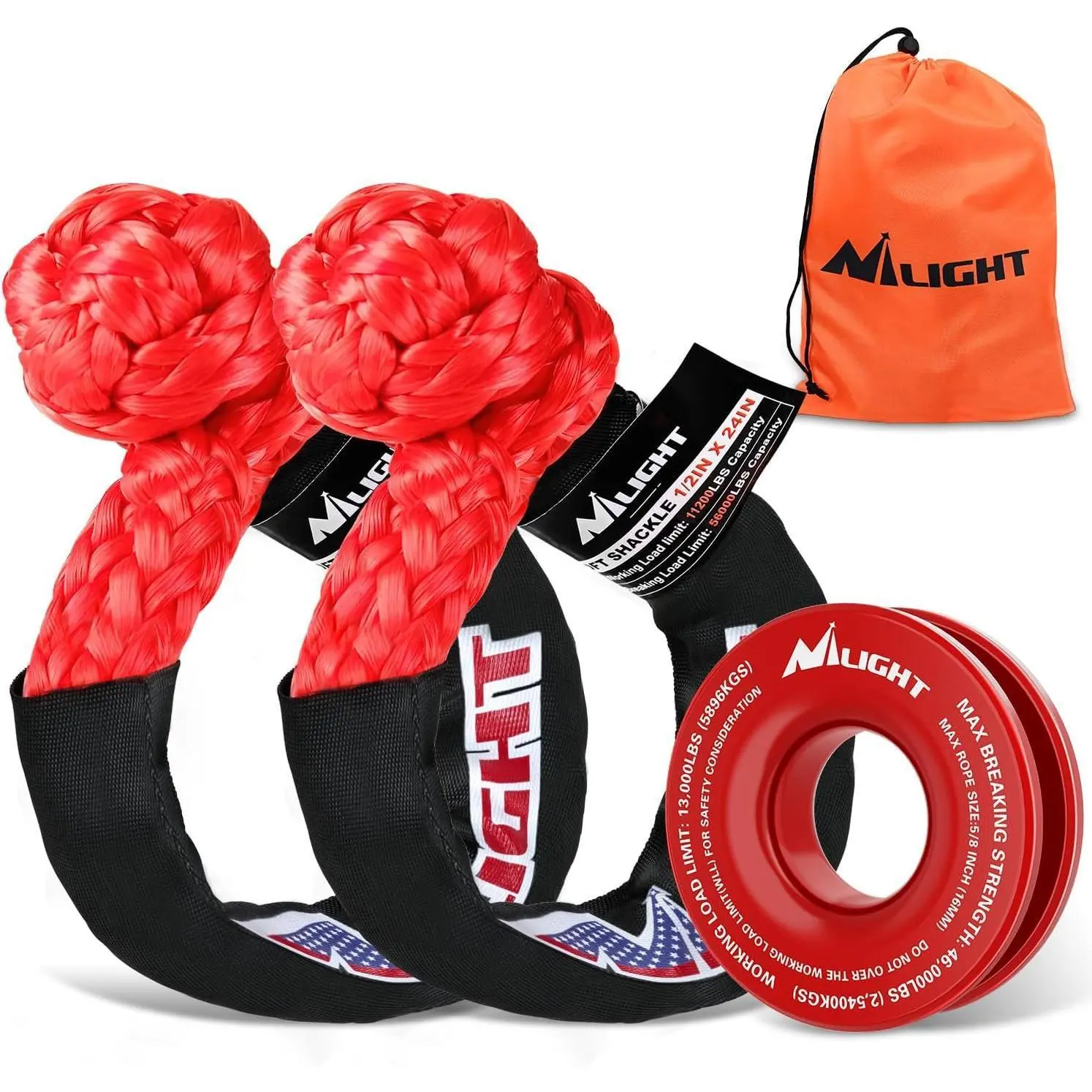 Nilight Soft Shackle Set - 2 Shackles & Ring Kit, 1/2in x 24in Polyester Coated Flexible Braided Synthetic, 56000LBS Breaking Strength, 46000LBS MBS Snatch Pulley, 11200 lbs, for 4x4 Off-Road Extraction, Trucks, Boats (Red)