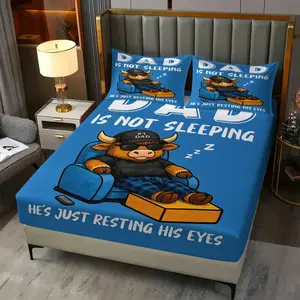 Funny Dad Highland Cow Print Bed Sheet Set, Dad Is Not Sleeping He’s Just Resting His Eyes Funny Quote , Durable Non-Slip Mattress Protector, Includes 2 Pillowcases, Father's Day Gift, Bedroom Decor