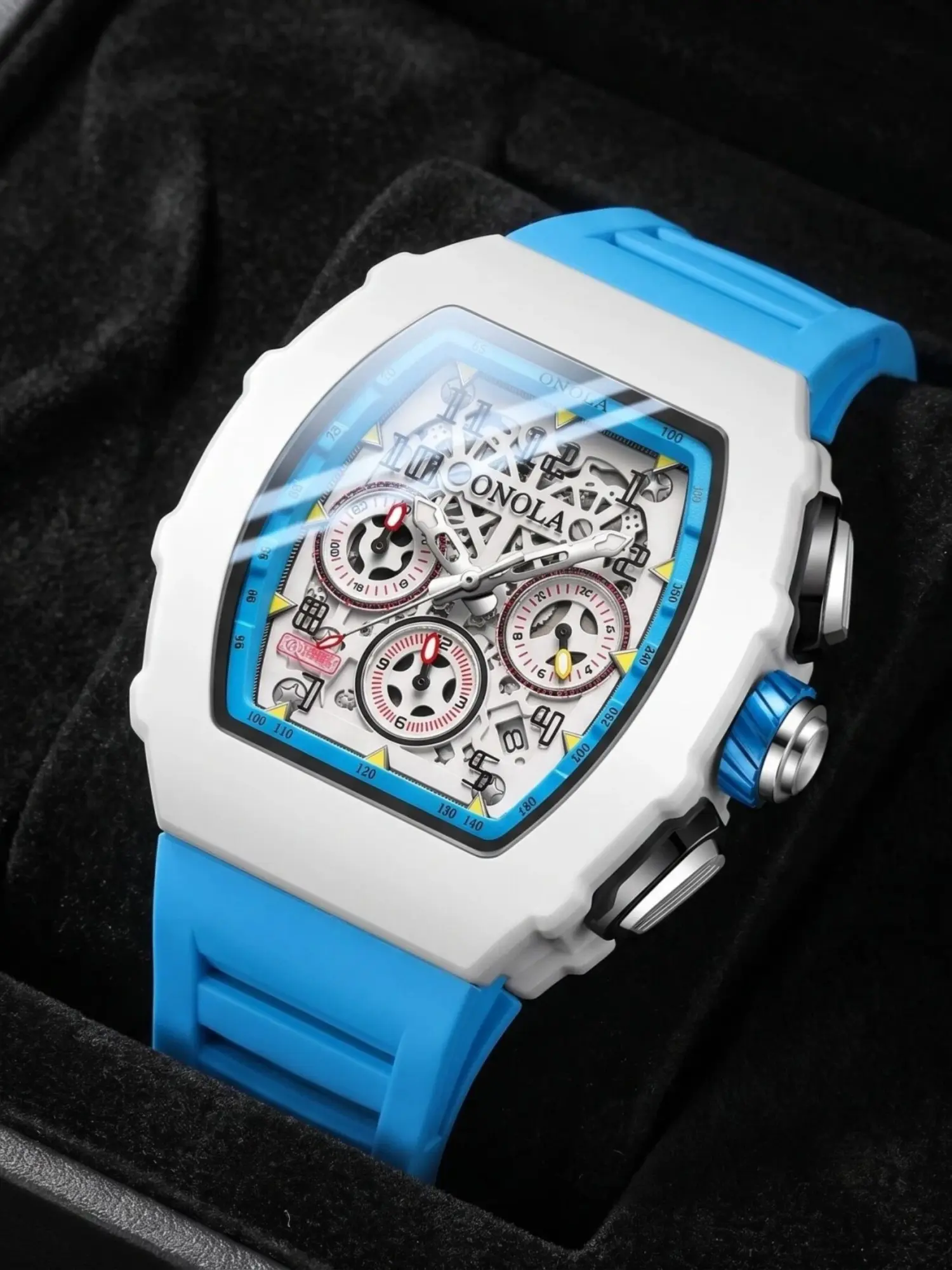 ONOLA Men's Quartz Watch, Tonneau Chronograph, Men's Business Luxury Watch, Fashionable Quartz Watch, Luminous Skeleton Watch with Silicone Strap, 30 Water Resistant Watch with Mineral Glass, Casual Commuter Watch for Men, Perfect Birthday