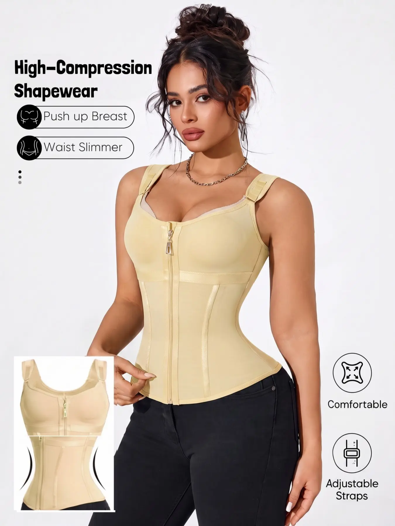 1 Count Women's Tummy Control Shapewear Underwear, Colombian, Fajas, 13 Steel Bones & Enhanced Double Compression Tank Tops, Adjustable Strap Waist Trainer, Zipper & 3-Row Hook Tops, Ideal For Fashion Layering, Outfit Building & Style Looks