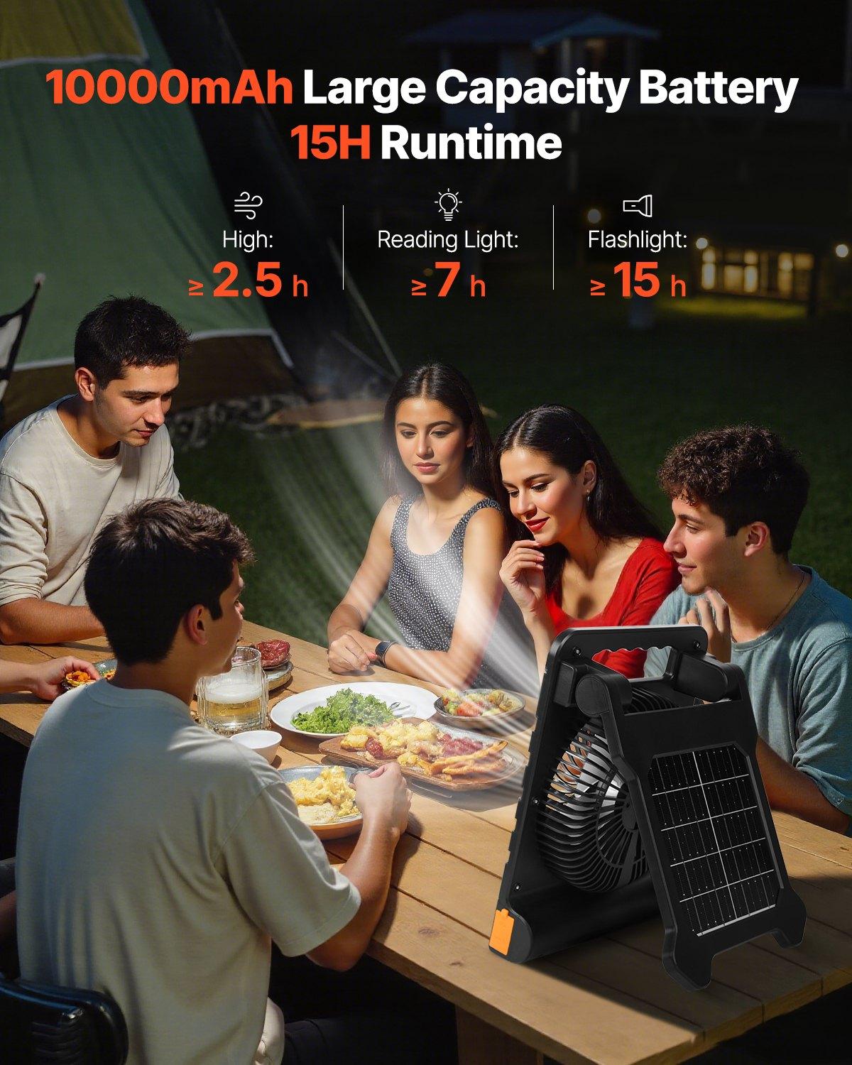 VEVOR 10000mAh Rechargeable Solar Fan with LED Lantern, 7 inch Portable Fan Cordless with 4W Foldable Solar Panel, 4-Speed& Timer& Quiet,USB Battery Powered for Camping Tent Worksite Office Desk