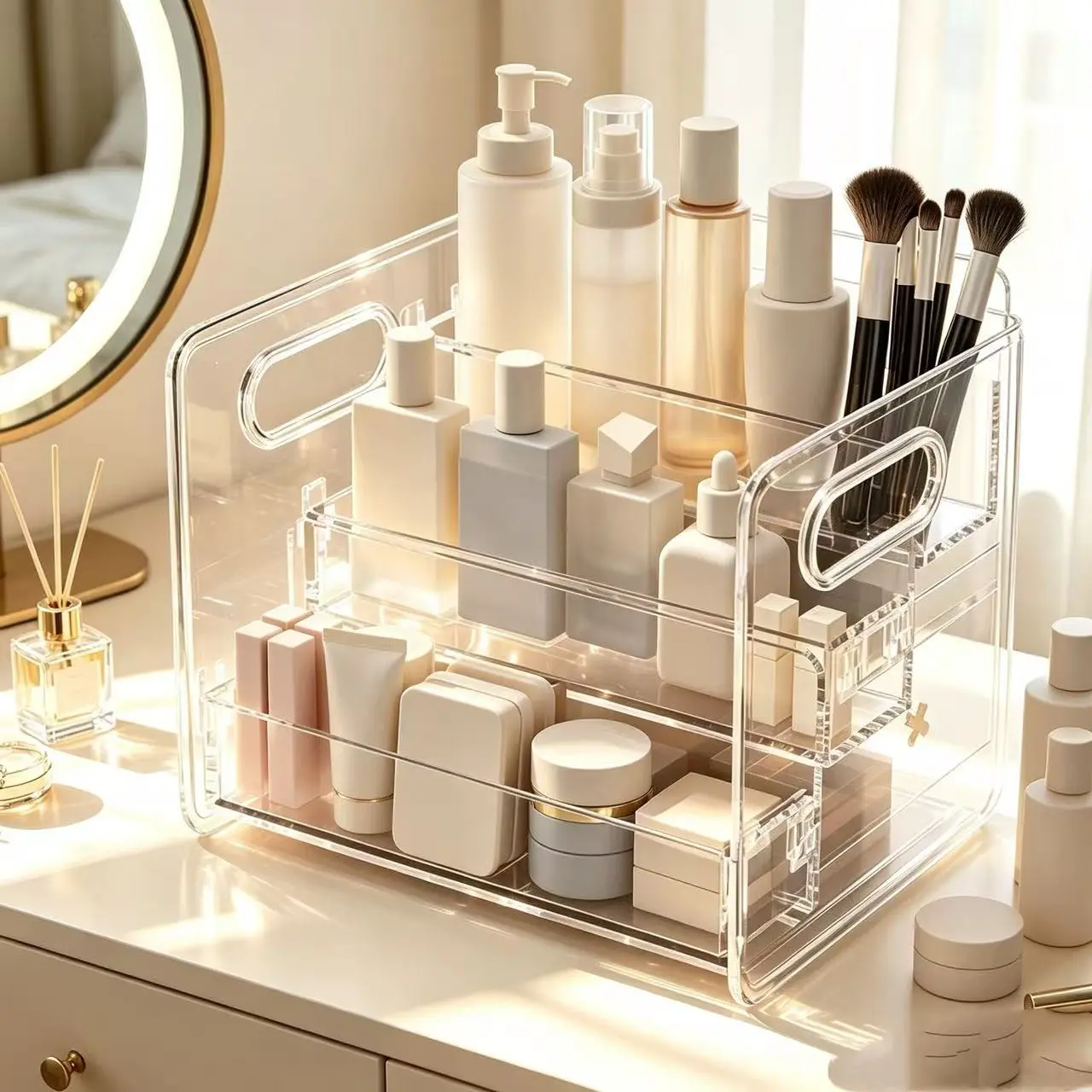Transparent Thickened Makeup Organizer Rack, Tiered Desktop Skincare Storage Box, Cosmetics Shelf for Vanity Table, 1 Piece