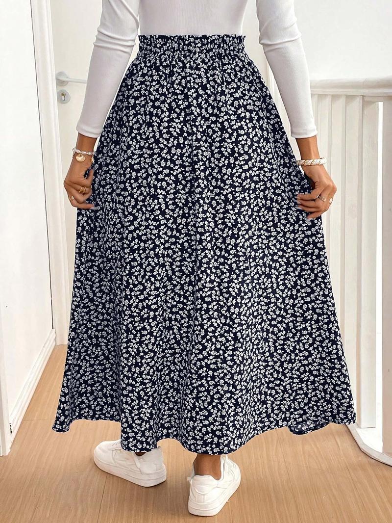 【Plus Size】 Ditsy Floral Print Long Skirt, Boho Fashion Casual A Line Skirt for Daily Holiday Vacation Wear, Women Plus Clothing for All Seasons