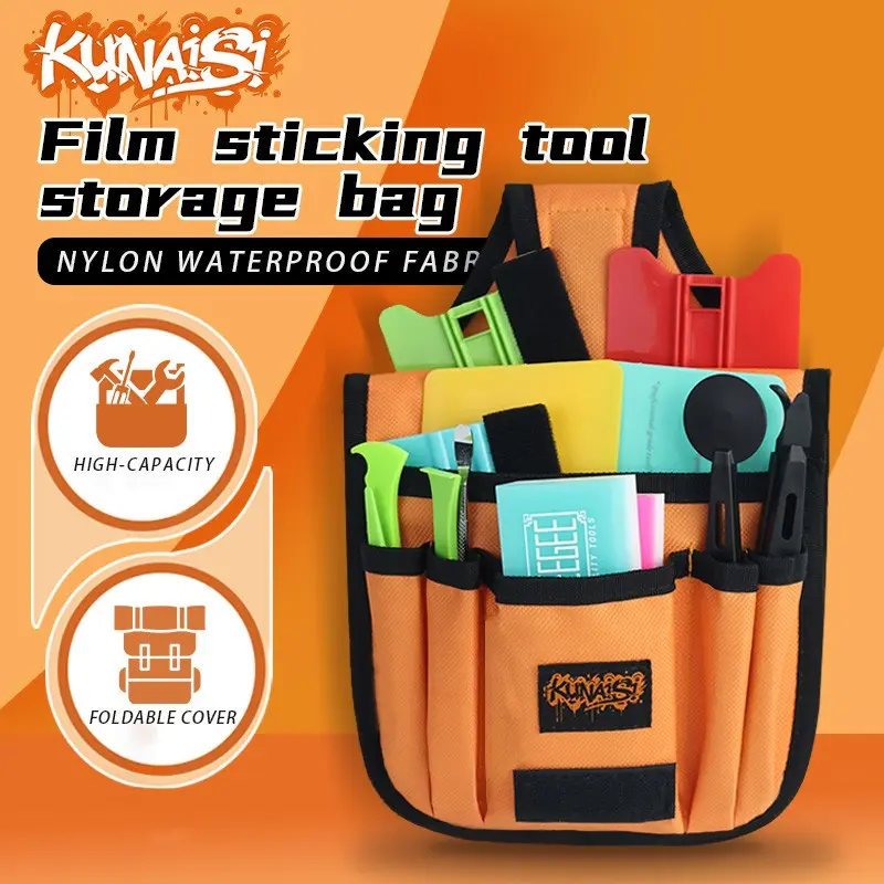 KUNAISI Window Tint Tool Belt Oxford Fabric Waist Bag Multi-Pocket Tool Pouch for PPF Vinyl Wrap Car Film Installation Storage Organizer Black Orange Tool Bags