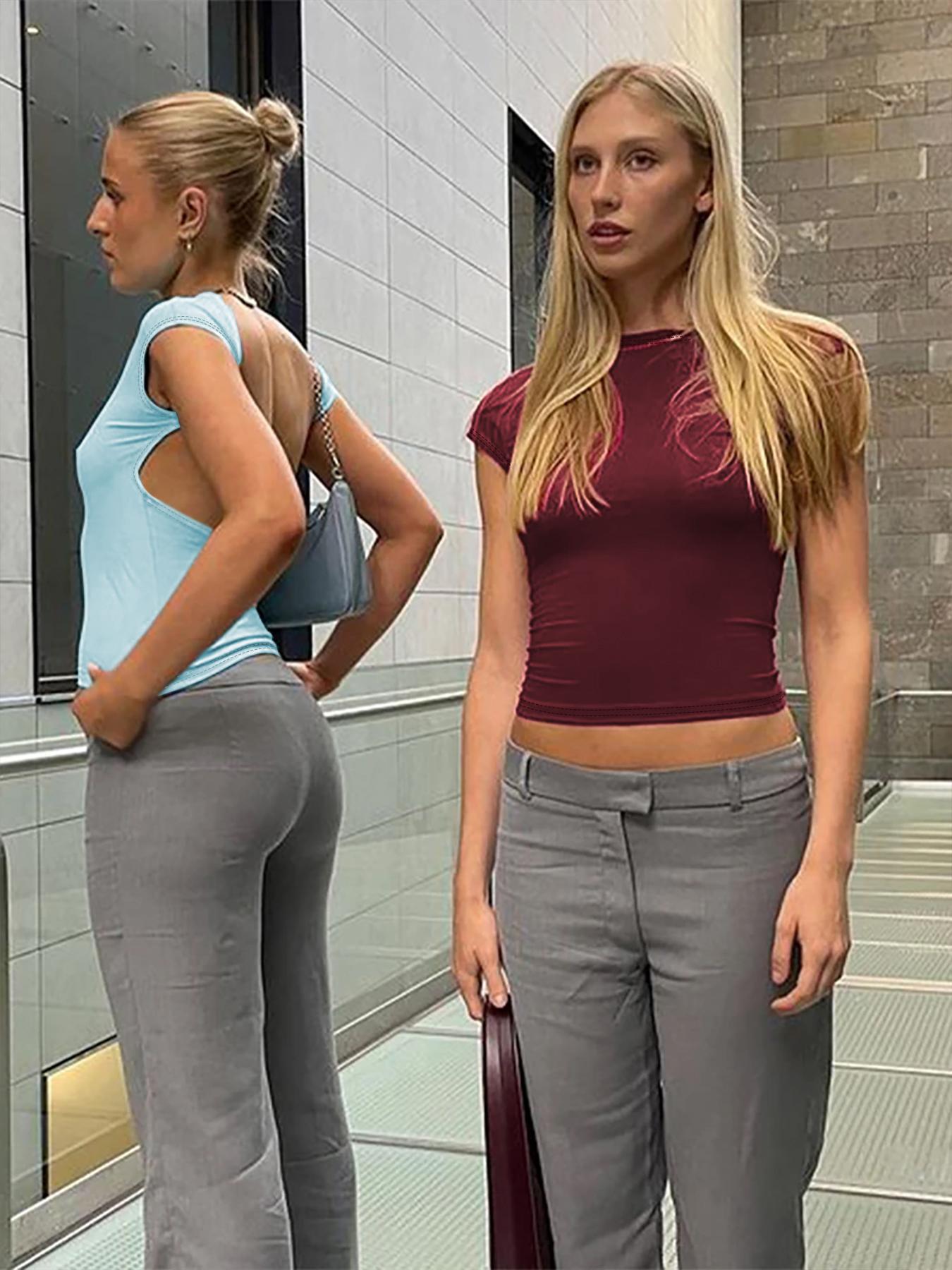 Women's Solid Backless Boat Neck Crop Tee, Casual Cap Sleeve T-Shirt for Summer Beach Holiday Vacation Everyday, Ladies Clothes Tops