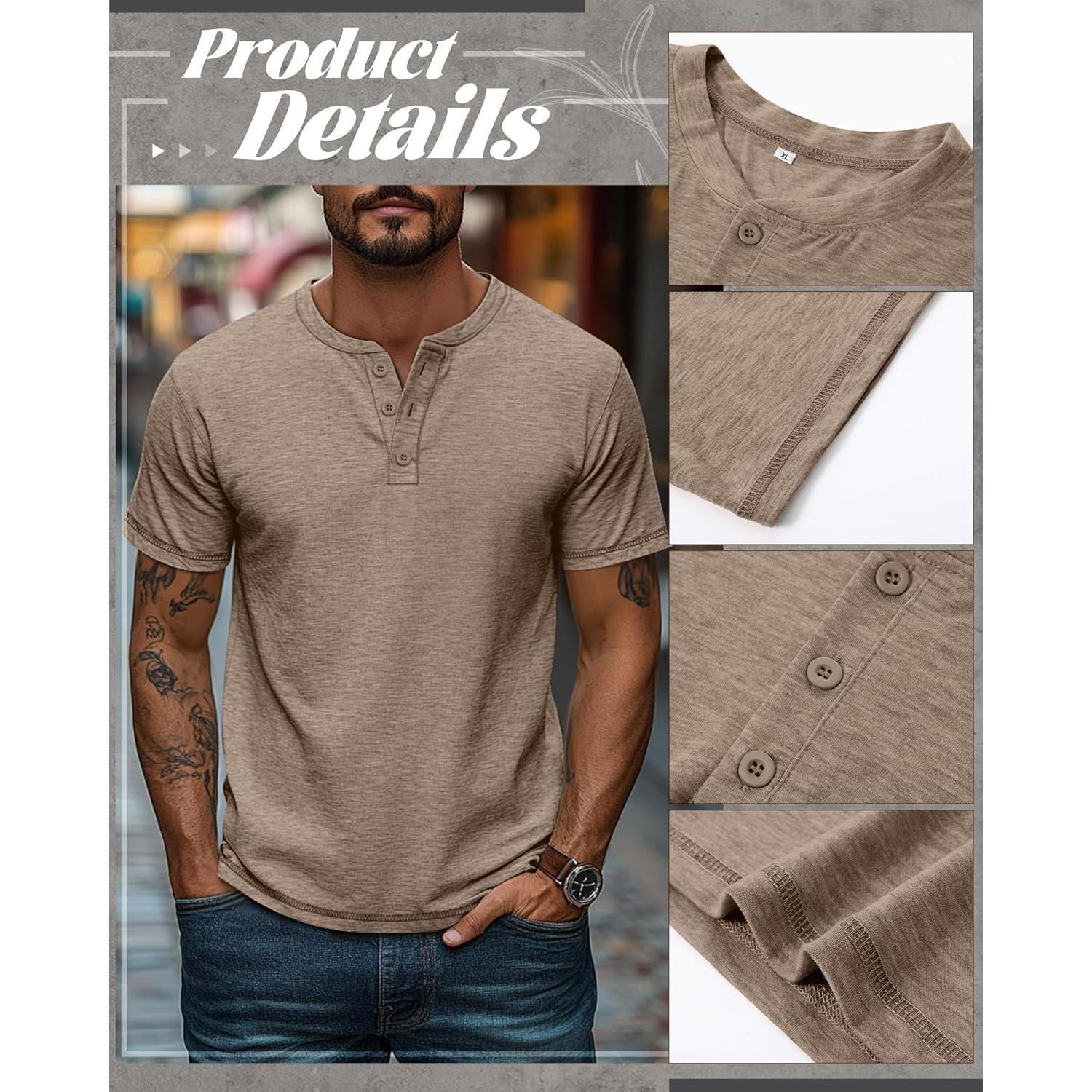 3 Pack Men's Big & Tall Henley Short Sleeve Shirts, Cotton Crew Neck Casual Button T-Shirts Summer Basic Tees Tops Menswear Tshirt