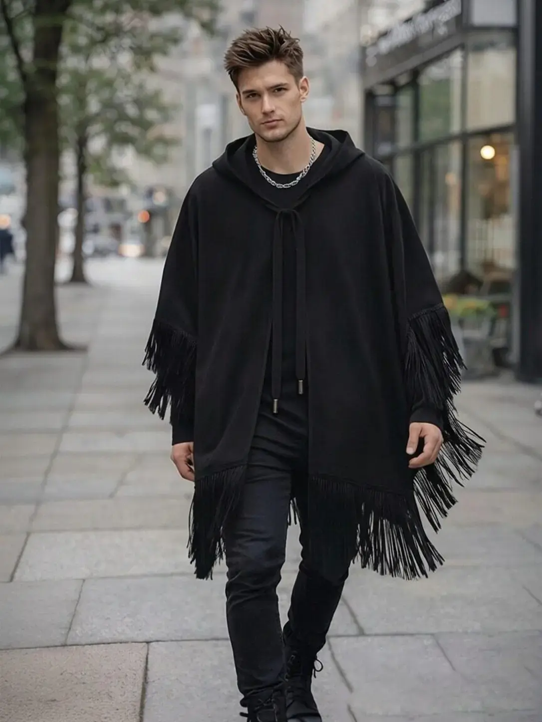 Men's Black Hooded Fringe Cape Loose Oversized Casual Punk Gothic Dark Streetwear Fashion Cloak, Menswear
