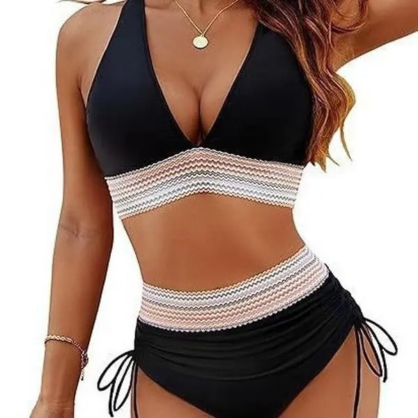 New deep V tight-fitting two-piece swimsuit for women, sexy high-waisted bikini swimwear.