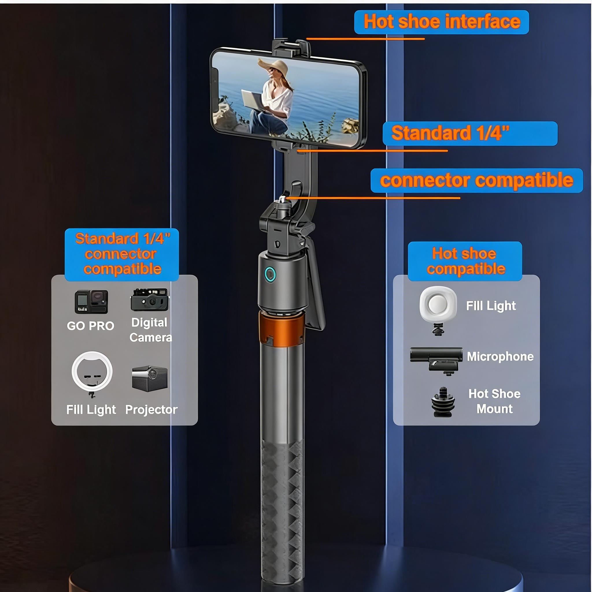 360-Rotatable Selfie Stick Tripod, Rechargeable Smart Face Tracking Tripod with 2 Fill Light, Auto Face