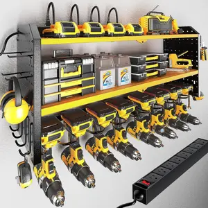 Power Tool Organizer with Charging Station, Built in 8 Outlet Power Strip,Large 8 Drill Holder Wall Mount, Heavy Duty Metal Power Tool Storage Rack Tool Shelf for Garage Organization Black