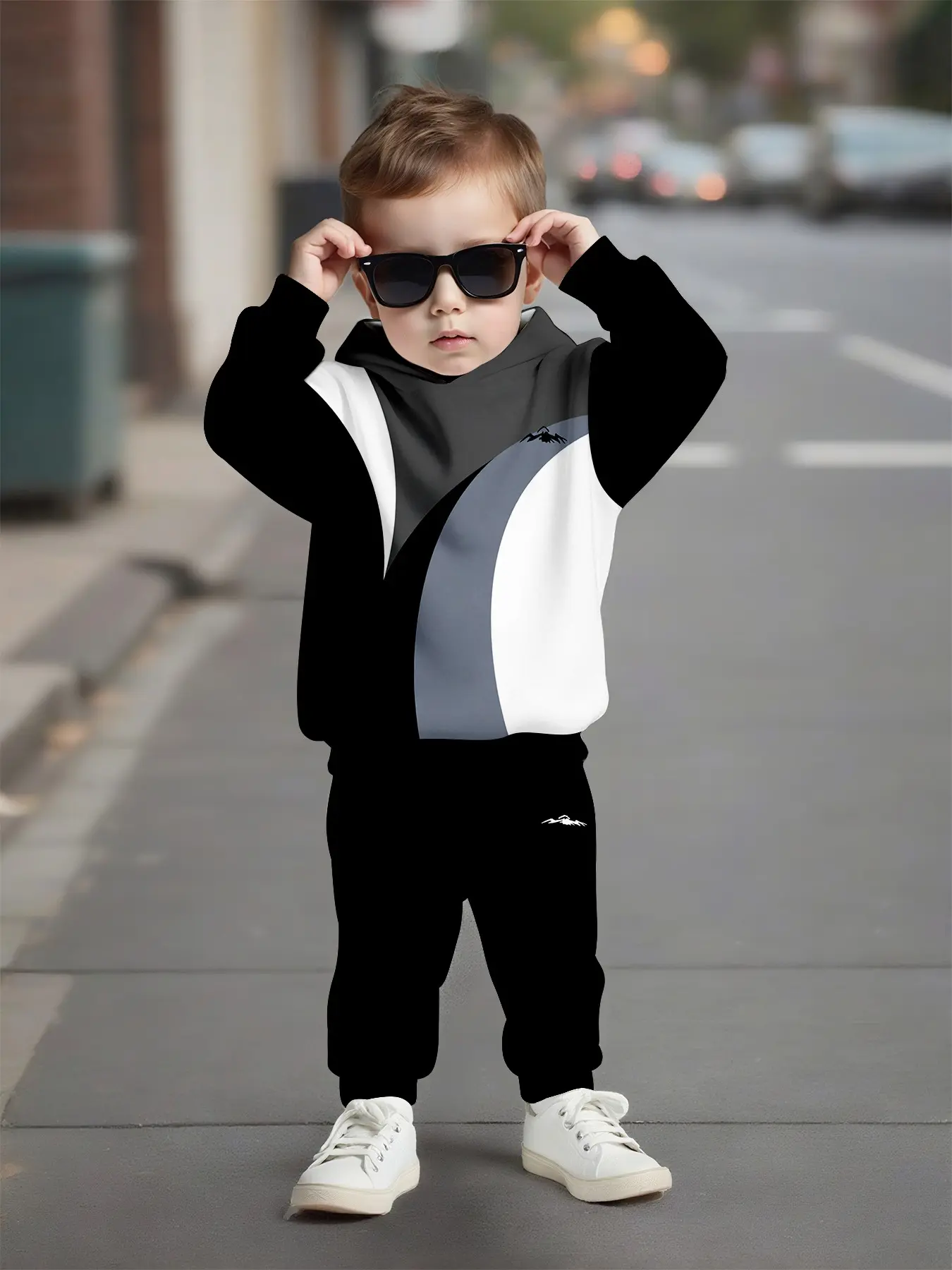 Boy Sweatshirt and Pants Set, Geometric Color Block Design, Long Sleeve Loose Fit, Casual Fall & Winter, Natural Waist Sweapants