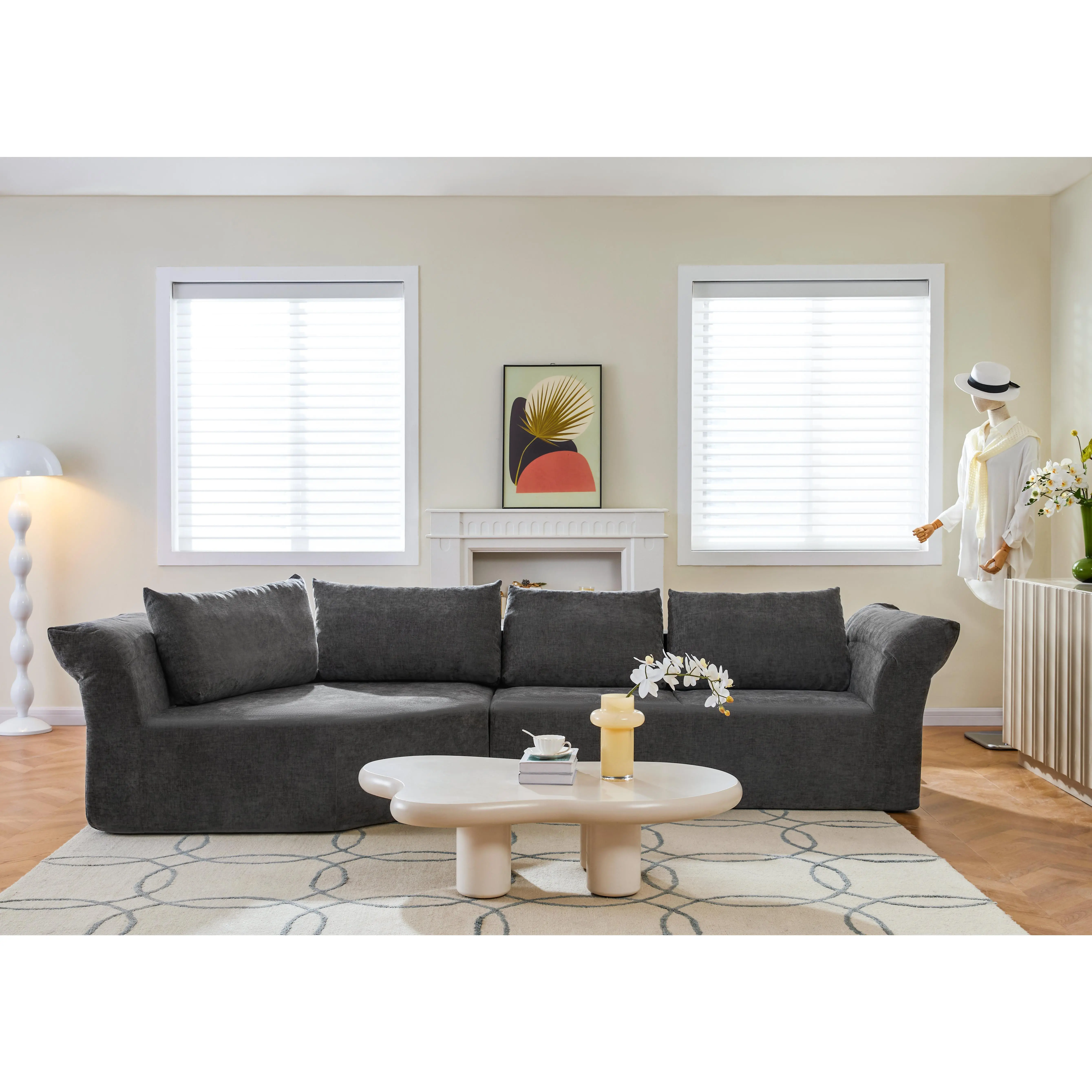 Nokaa Modular Sectional Sofa 4-Seat L-Shape Corner Couch with Wide Armrests, Loose Back Cushions & Throw Pillows, Low-Profile Solid Base, Foam Dark Gray Living Room Bedroom Furniture Combo, Dark Gray Color Options, Foam Material, 4 Seat Seat Count