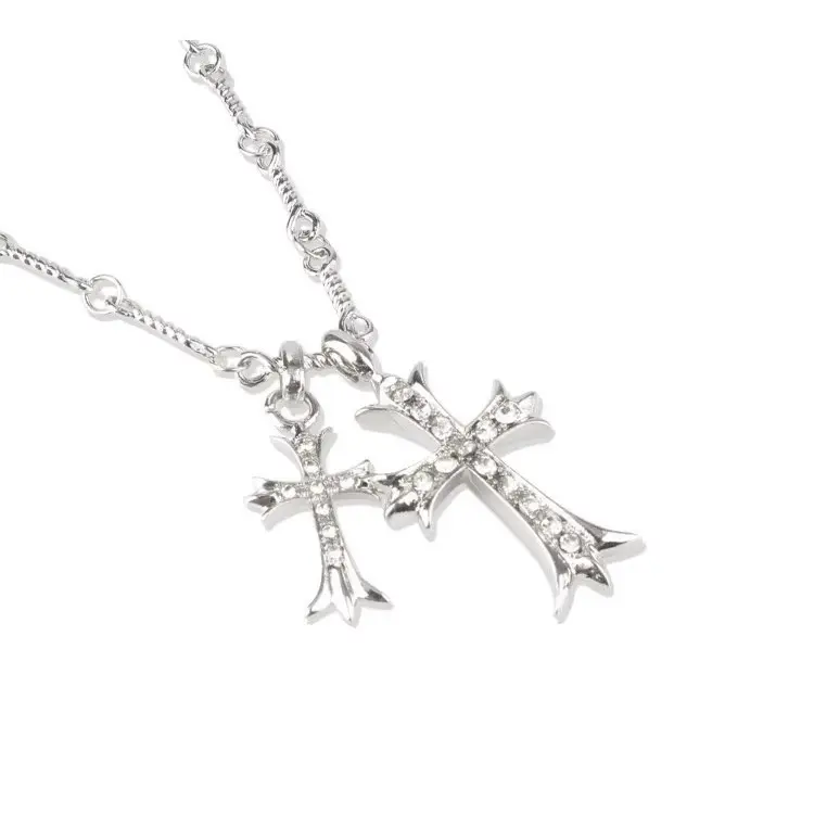 Men's Gold-Plated Double Cross Diamond-Encrusted Alloy Necklace - Cross Shape, Heart Pendant, Tarnish-Resistant Minimalist Clavicle Chain, Cuban Link Streetwear Hip Hop Jewelry, Easter Gift Ideas