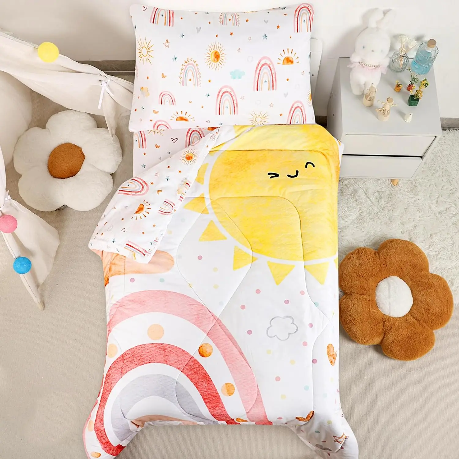 4 Piece Pink Rainbow Toddler Bedding Set for Girls Super Soft & Lightweight Comforter Set Includes Comforter, Flat Sheet, Fitted Sheet, Pillowcase