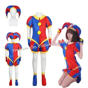 Women Clown Pomni Cosplay Costume Jester costume Blue Red Jumpsuit and Hat with Gloves Socks Christmas Halloween Party suit