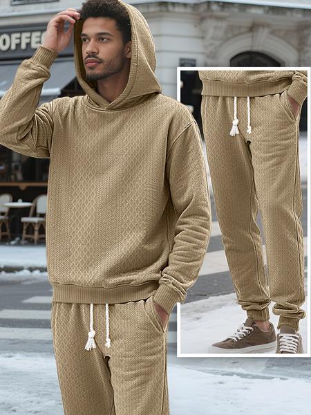 Two-piece men's solid color hooded sweatshirt and drawstring pants set, jacquard texture casual long-sleeved top with long pants autumn and winter men's clothing set, sportswear jumpsuit, Fall outfit, Sweatsuit Sets