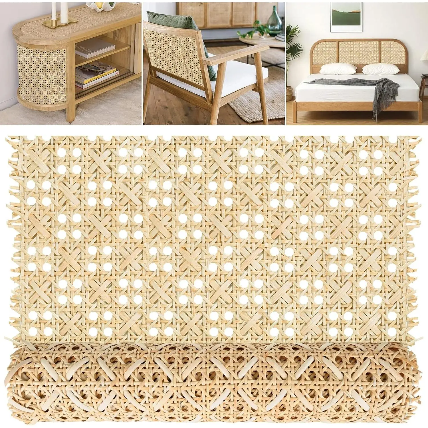 14" Width Pressed T Shape Cane Webbing Sheet for Caning Projects, 3.3 Feet Natural Rattan Material Roll Net Woven Open Cane, Suitable for Caning Material DIY Supplies
