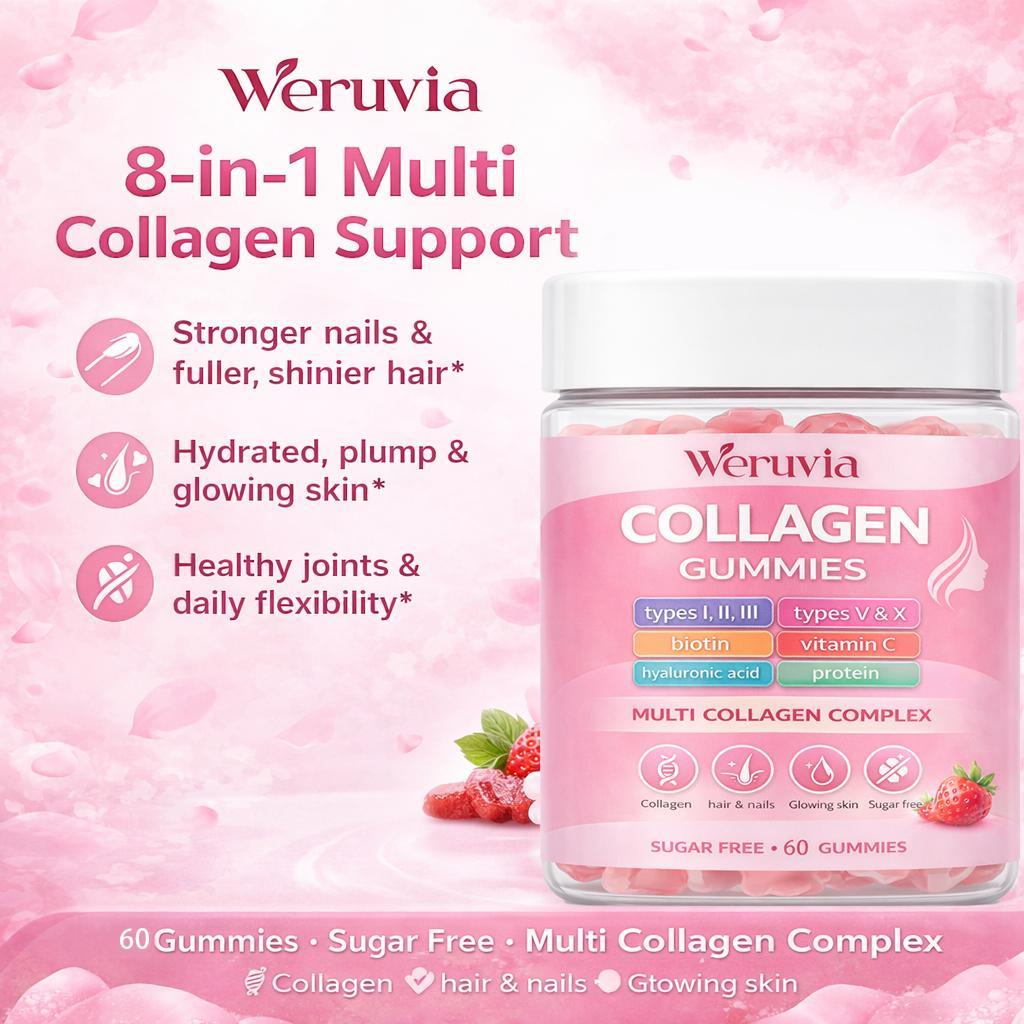 Multi Collagen Gummies (Type I, II, III, V & X) — 60 Count | With Biotin, Hyaluronic Acid & Vitamin C | Supports Skin, Hair, Nails & Joints | Pomegranate Berry | Sugar-Free, Non-GMO