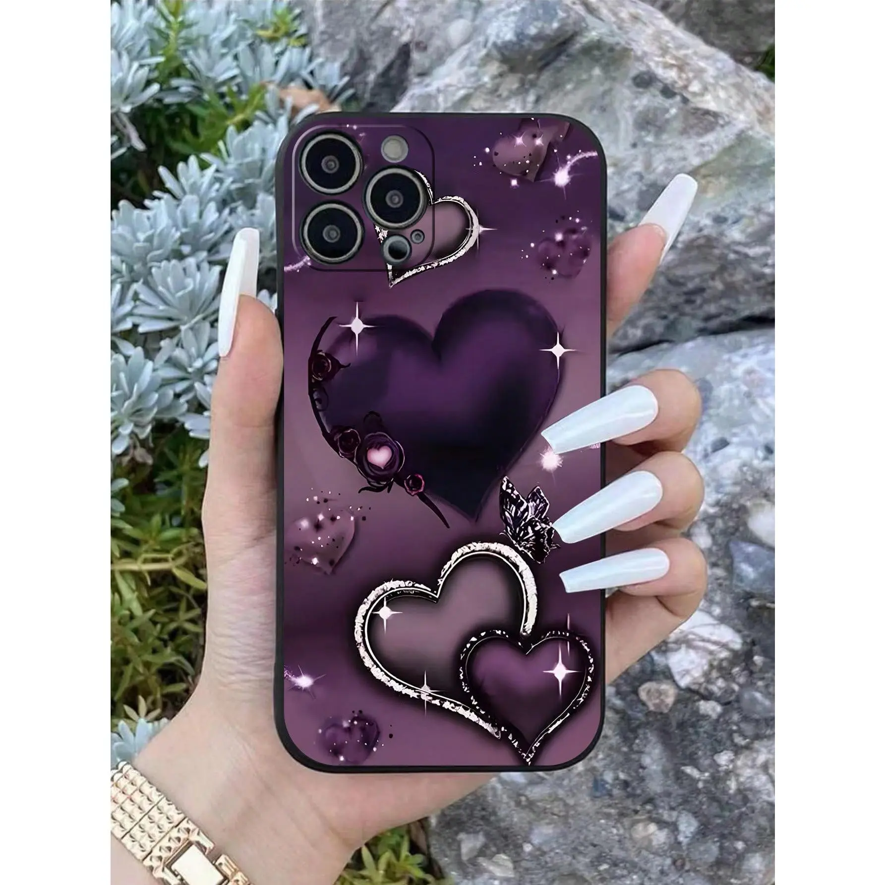 Purple heart-shaped design TPU phone case, scratch resistant protective case, elegant heart-shaped pattern, suitable for iPhone 17/16/15/14/13/12/11/Plus/Pro/ProMax/Air/X/XS MAX and Samsung, birthday gift, holiday gift, Valentine's Day gift