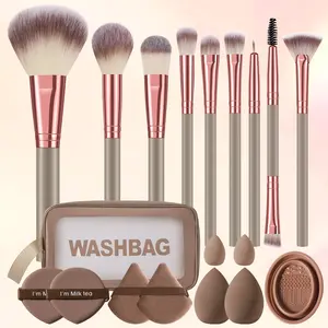 19-Piece Makeup Tool Set, Includes 9 Brushes, Waterproof Zipper Bag, Sponge, Cushion, Powder Puff, Brush Cleaner, Complete Beauty Kit