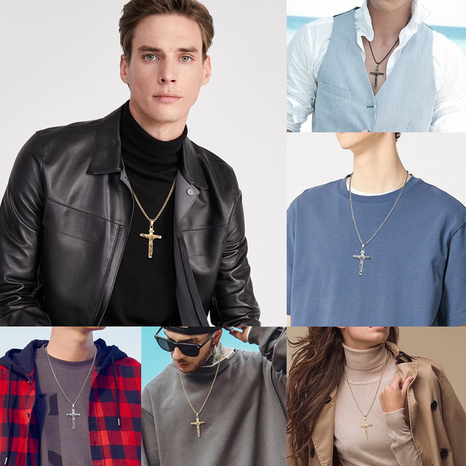 FINREZIO Stainless Steel Jesus Cross Pendant Necklace for Men's Venice Chain 61cm Silver/Gold/Black Religious Jewelry Accessories Gift FINREZIO Stainless Steel Jesus Cross Pendant Necklace for Men's Venice Chain 61cm Silver/Gold/Black Religious Jewelry Accessories Gift