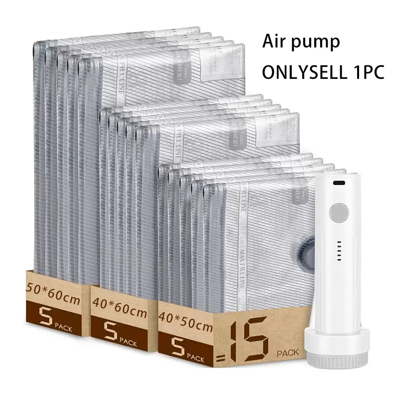 2026 Upgraded Rechargeable Travel Vacuum Bag Set 6/15-Pack Compression Bag for Luggage USB-Powered Handheld Pump Space-Saving, Durable Zipper, Lightweight Storage Box for Clothing and Packing