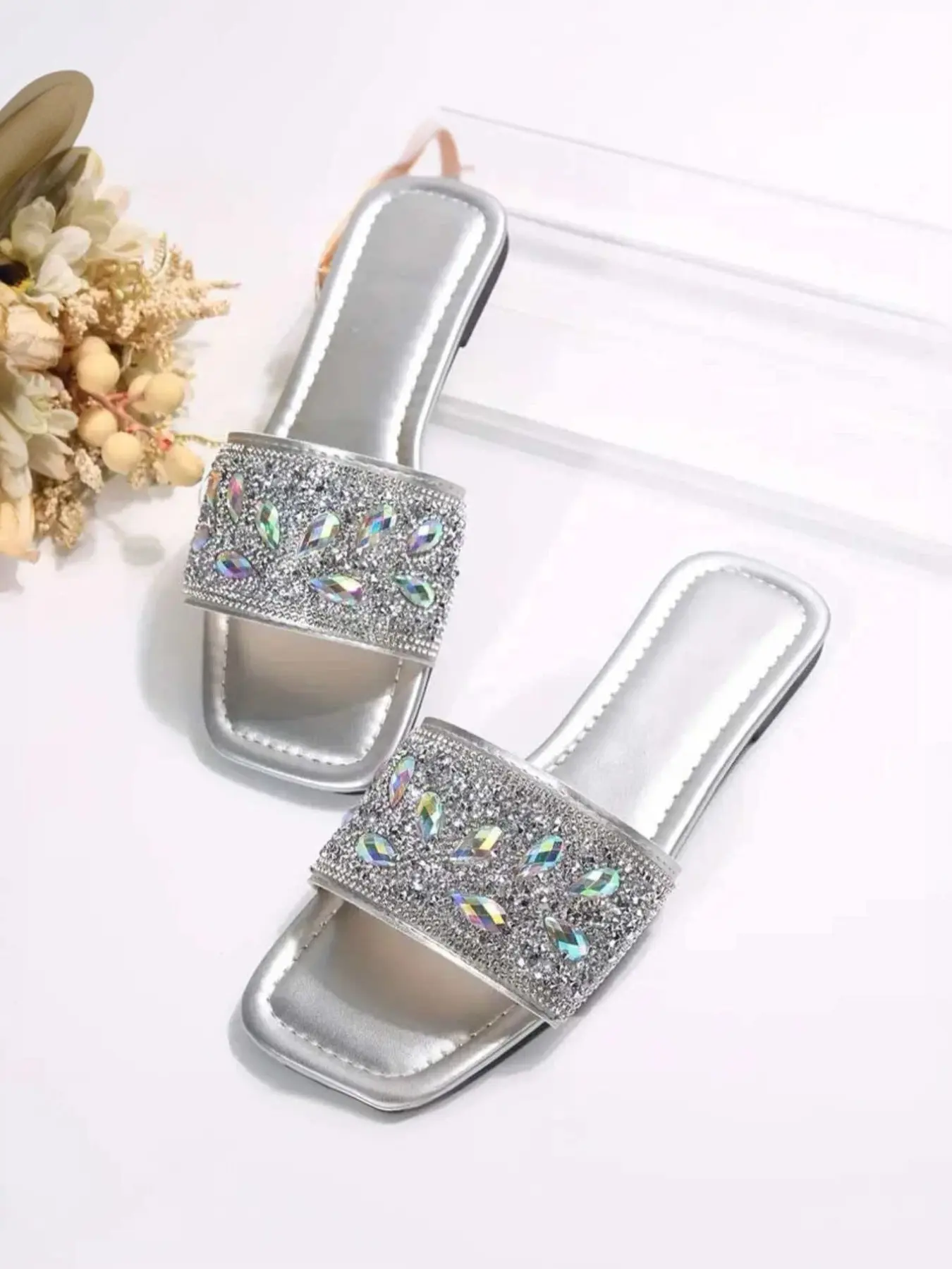 Women's Silver Color Rhinestone Decorated Slippers, Soft Sole Anti-Slip Casual Shoes, Perfect for Home, Shopping, Dating