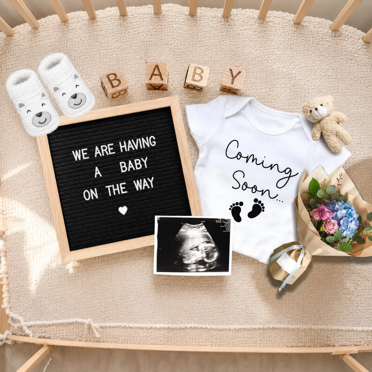 9-Piece Baby Shower Announcement Set, DIY Letter Board, Onesie, Shoes, Wooden Sign, Perfect for Grandparents, Partners, Baby Party Decor
