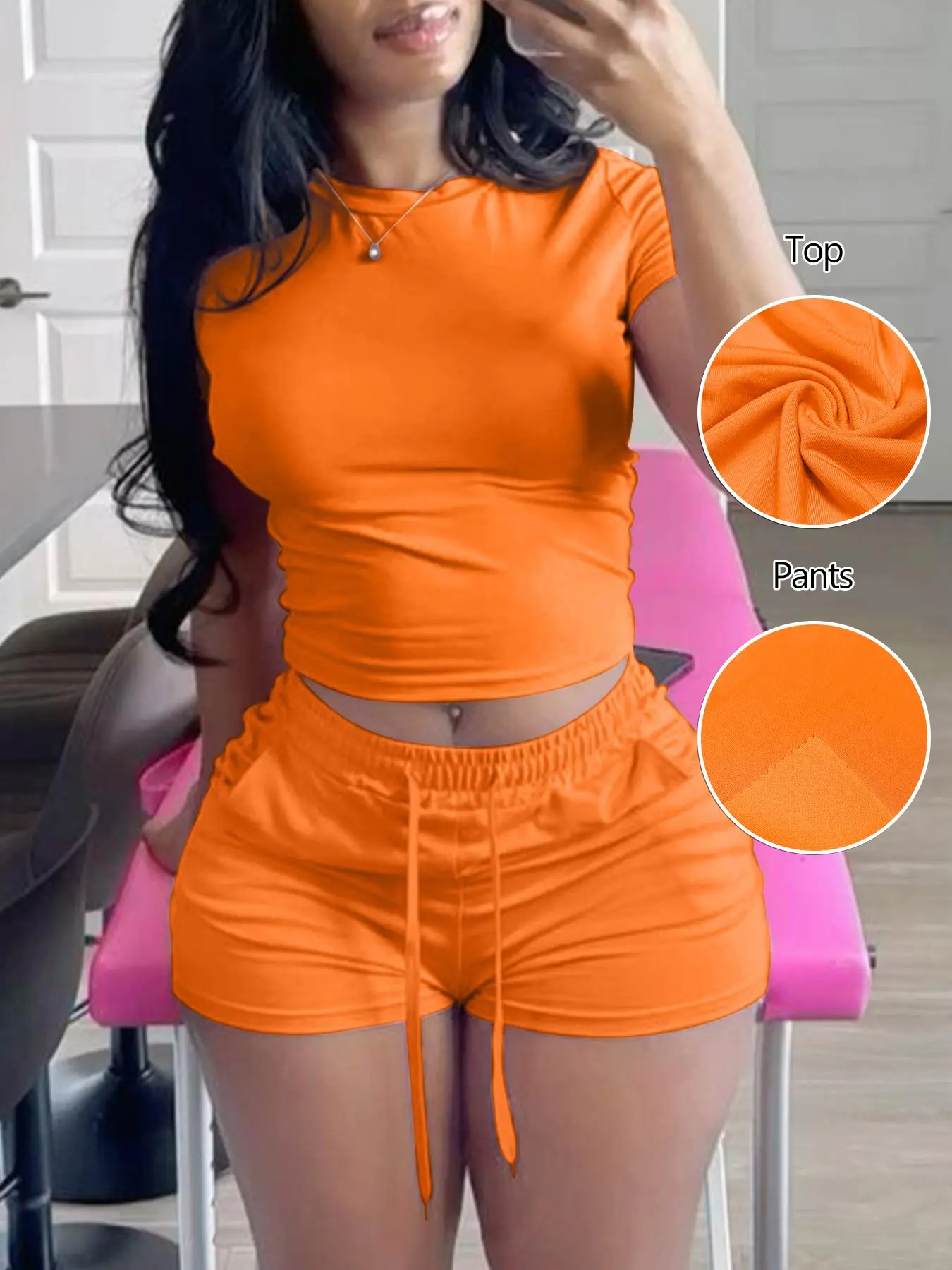 lovelywholesale 2-Piece Matching Outfit Set – Top & Shorts Different Fabric Blends (See Description for Details)， Classic Casual Fitted Short Sleeve Top and Drawstring Shorts Set, Sporty Style, Above the Knee, Colorblock Design