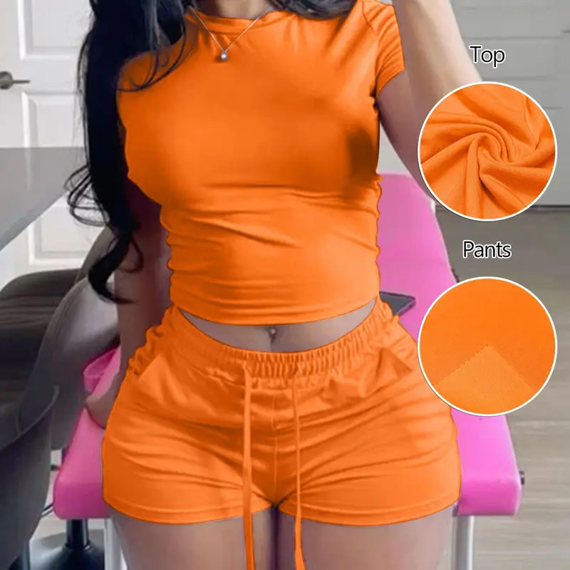 lovelywholesale 2-Piece Matching Outfit Set – Top & Shorts Different Fabric Blends (See Description for Details), Classic Casual Fitted Short Sleeve Top and Drawstring Shorts Set, Sporty Style, Women, Above the Knee, Colorblock Design