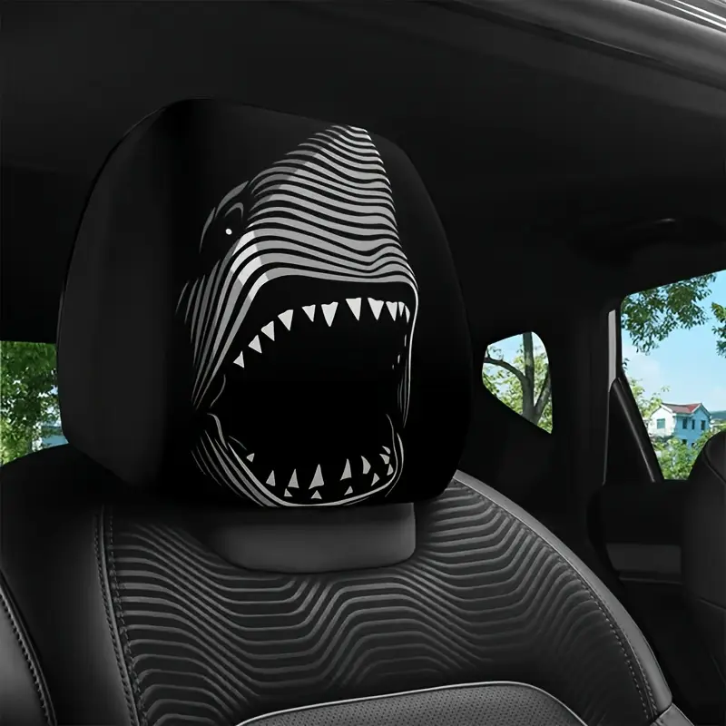 2pcs of Black and White Striped Shark Pattern Car Seat Headrest Covers, Universal, Automotive Interior Accessories, Universal Car Headrest Covers, Automotive Interior Decorations, Suitable for Daily Use