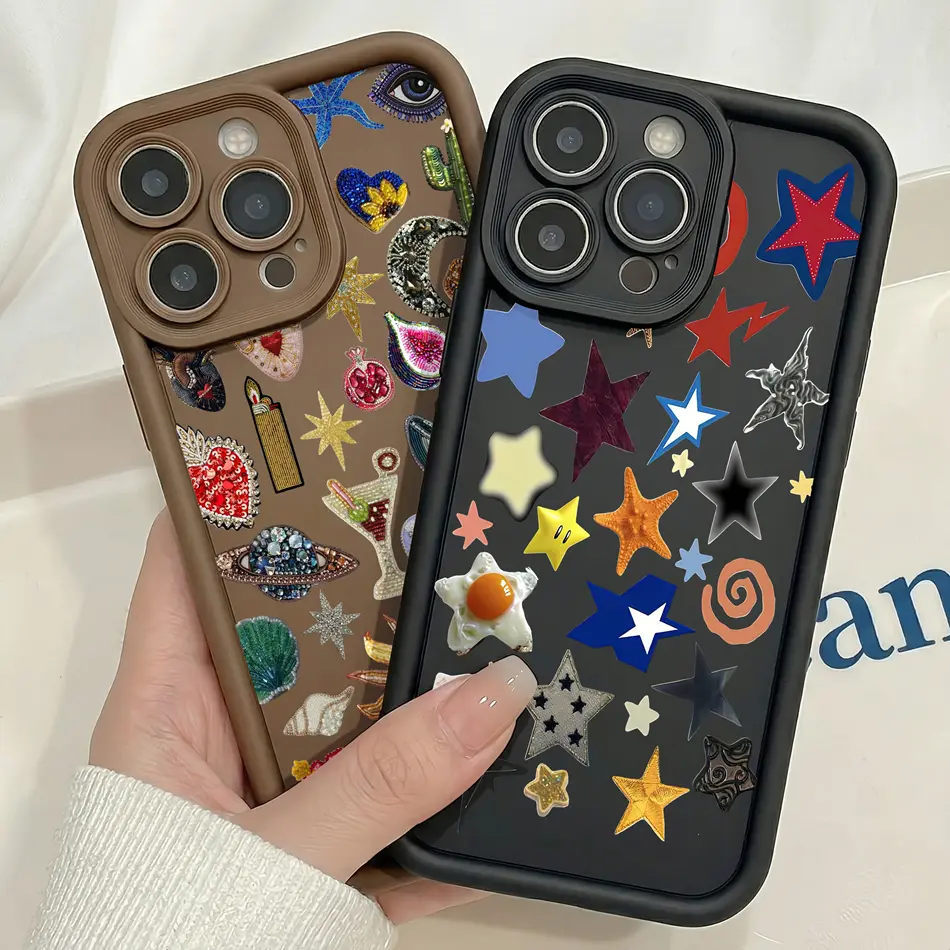 Creative Multicolor Star Sticker Collage Liquid Silicone Phone Case For iPhone 17E 16E 11 12 13 14 15 16 17 Pro Max mini 17Air Raised Camera Protective Soft Cover For iPhone X XS Max Shock Resistance Funda