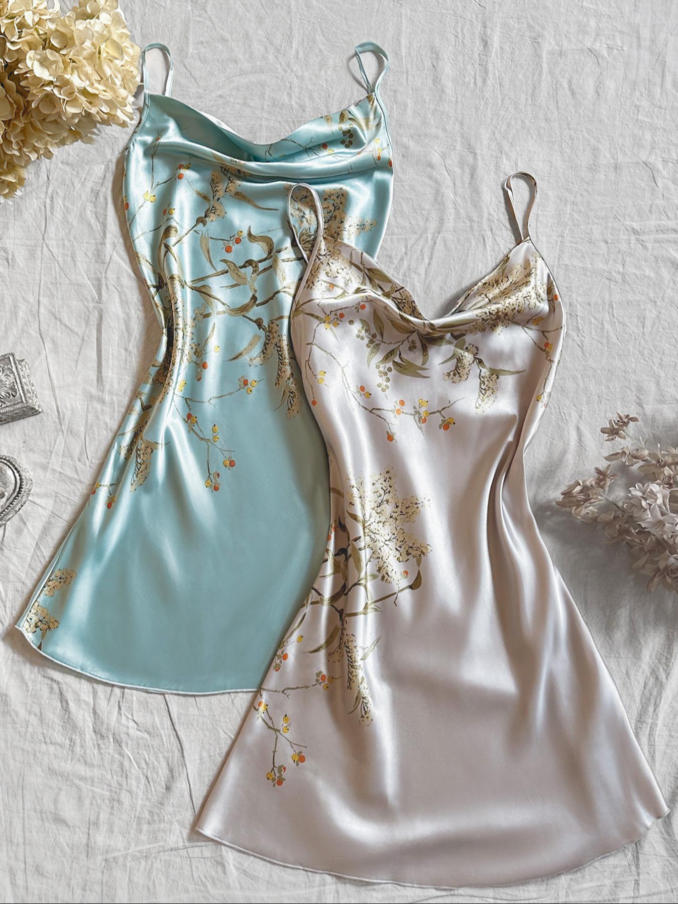 Women's Floral Print Satin Cami Nightdress, Fitted Draped Spaghetti Strap Sleeveless Nightgown, Soft Comfy Aesthetic Sleepwear Loungewear Set for Women