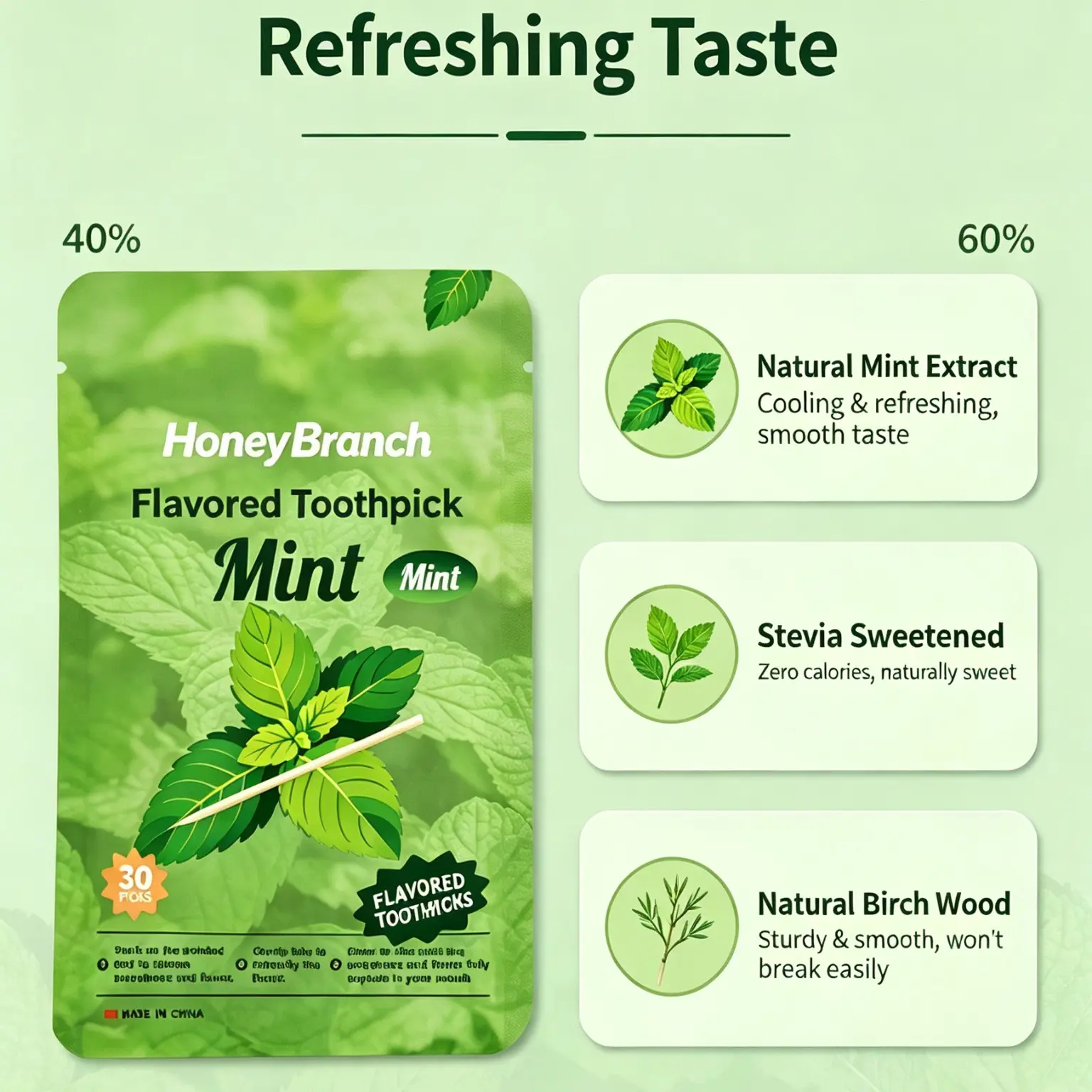 Mint Birchwood Toothpicks, Oral Cleansing, Smoking Cessation, Stress Relief, No Additives, 30 Pieces Per Pack, Usa Harvested