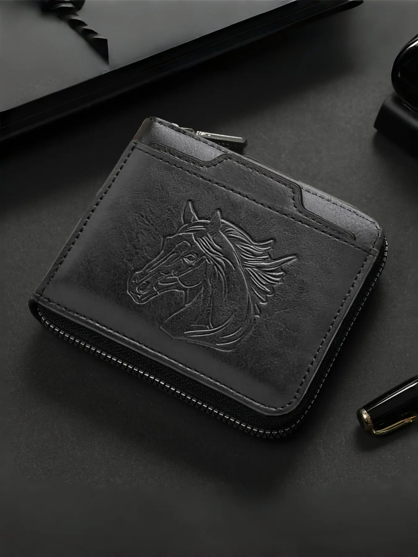 Men's Zipper Bifold Wallet with Embossed Horse Head, PU Leather Short Purse with Detachable Card Case, Multi Card Slots Coin Pocket & ID Windows, Vintage Pocket Credit Card Holder, Durable Fashion Wallet, Perfect Gift For Men