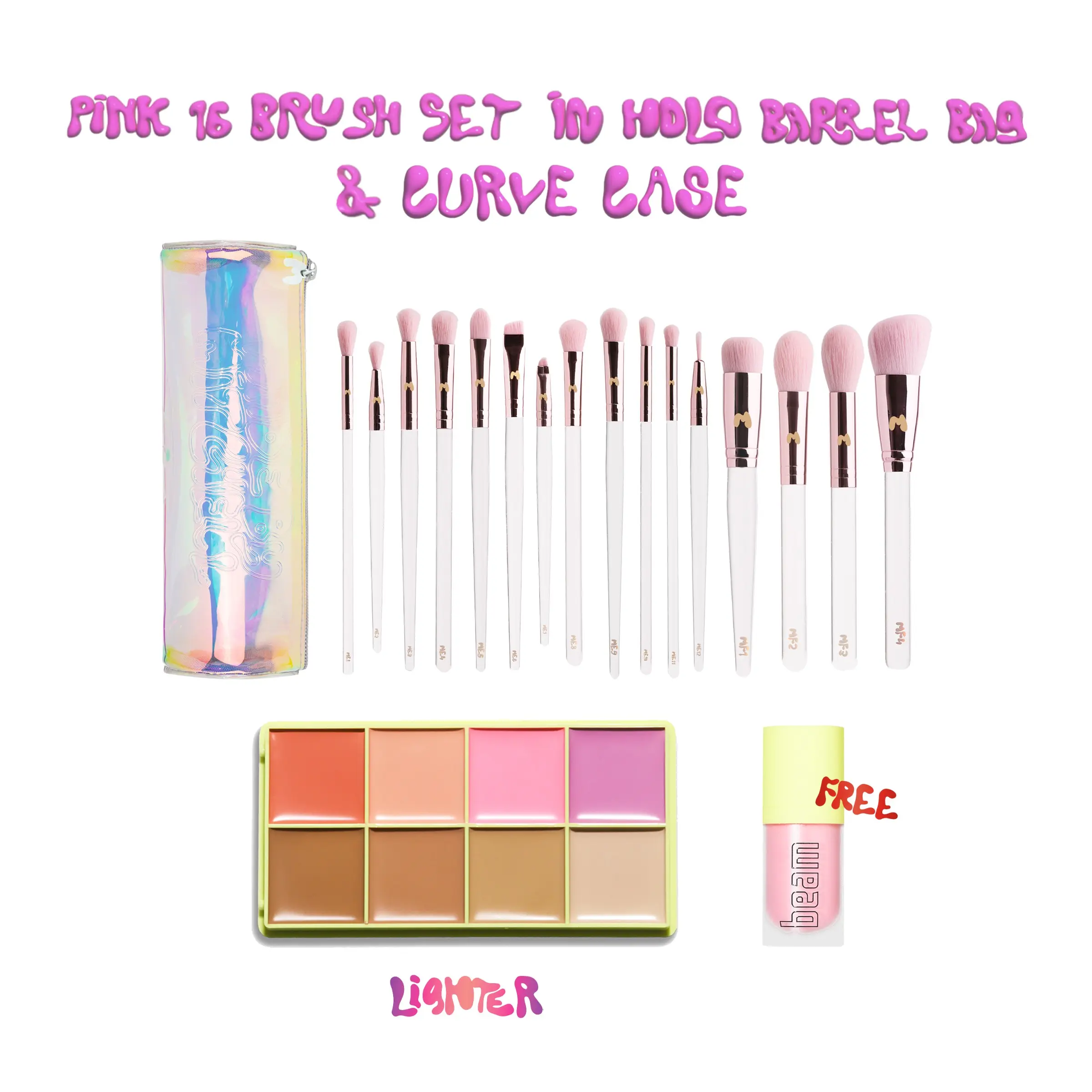CURVE CASE ORIGINAL WITH PINK 16 BRUSH SET IN HOLO BARREL BAG - MADE BY MITCHELL