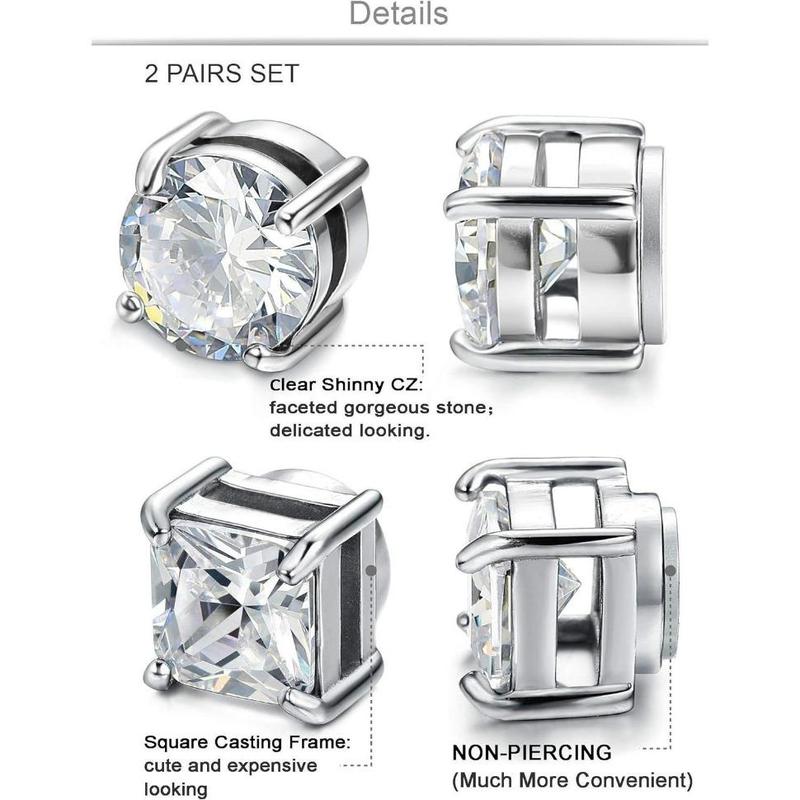 MILACOLATO 2 Pairs Stainless Steel Magnetic Style Stud Earrings for Men Women Non-piercing CZ Hypoallergenic 4-10mm Daily