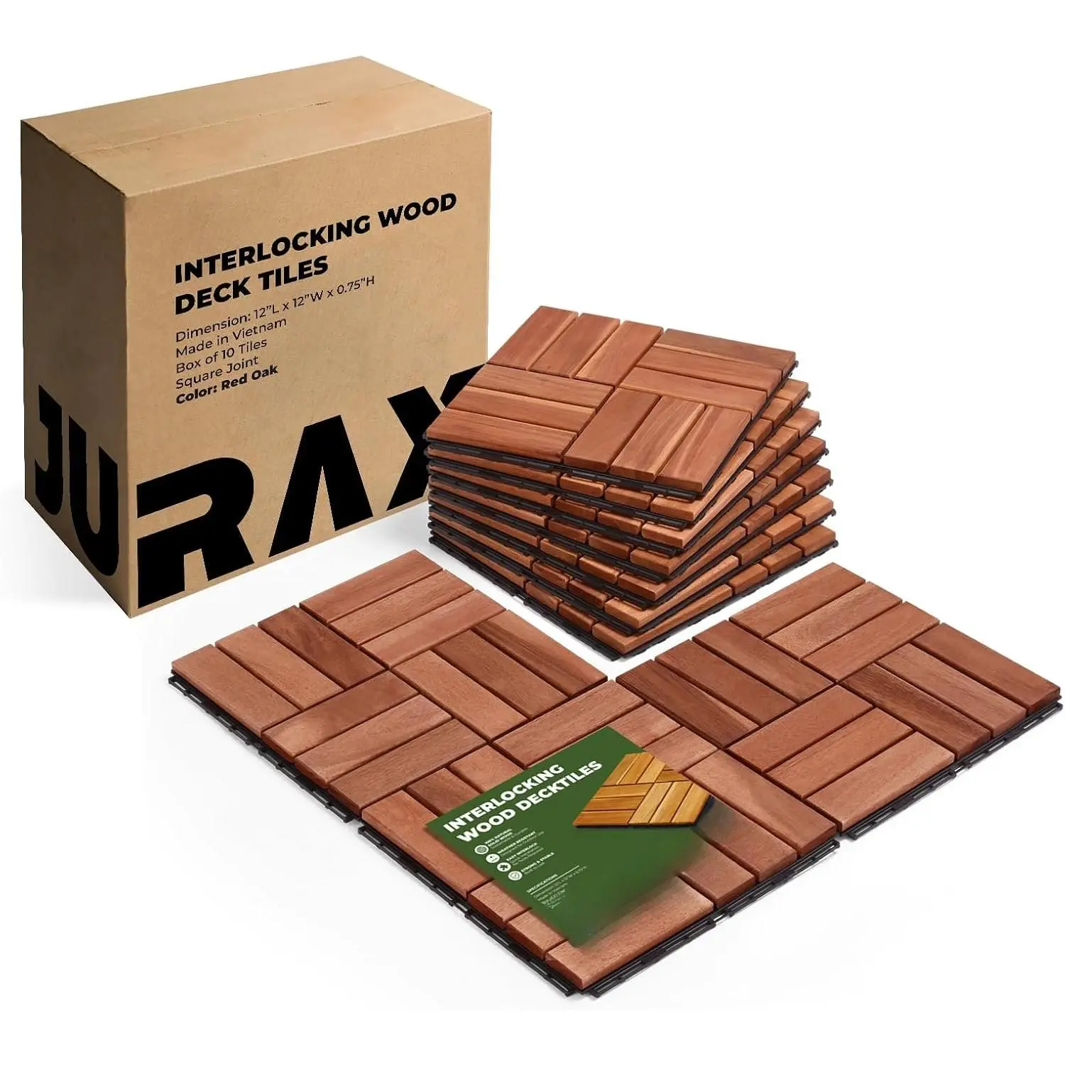 Acacia Wood Interlocking Deck Tiles, 10-Count 12x12 in Box Pack, Snap-Together Outdoor Flooring for Balcony, Patio (Square Joint, Red Oak) for Renters/Homeowners