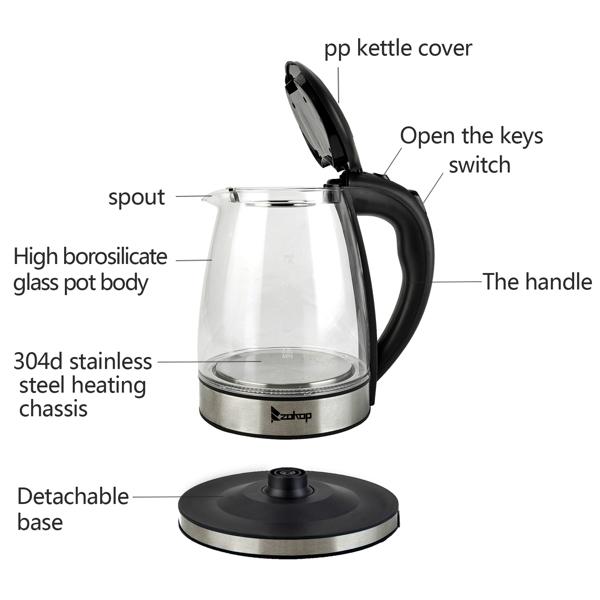 ZOKOP HD-1861-A 110V 1200W 1.8L Electric Glass Kettle US Plug with LED Lights, 360° Rotation Base, Auto Shut-off, and Mesh Filter for Spill Proof Pours Automatic